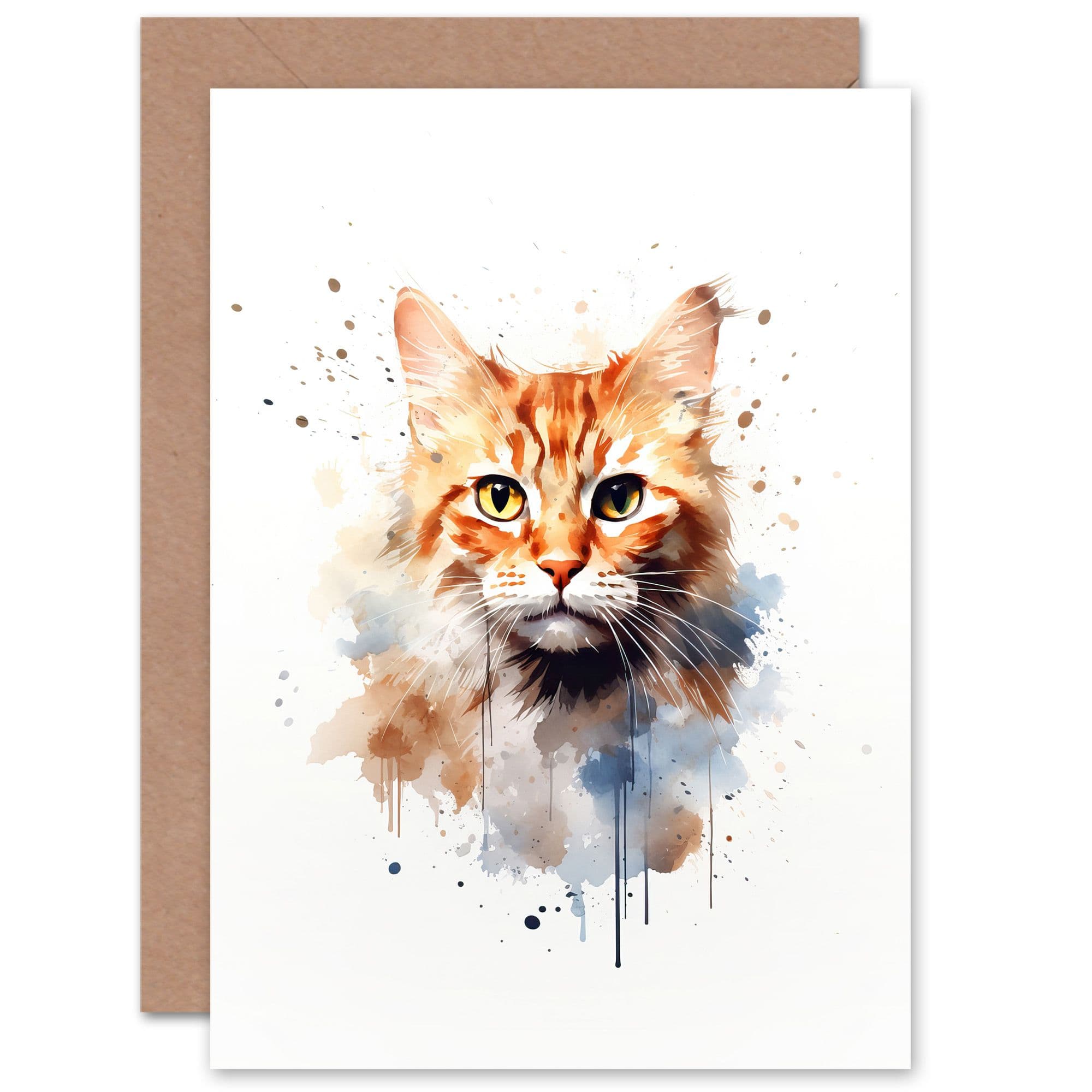 Orange Tabby Cat Lovers Gift Watercolour Pet Portrait Painting Artwork Greeting Card