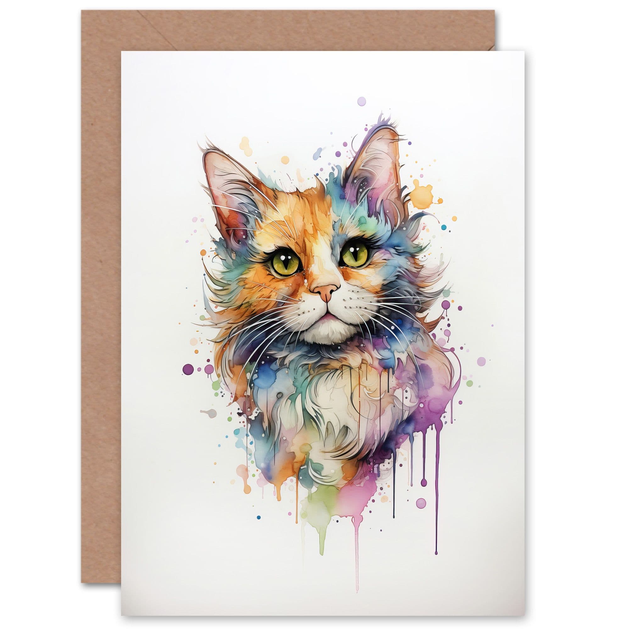 Reverse Calico Cat Lovers Gift Watercolour Pet Portrait Painting Artwork Greeting Card