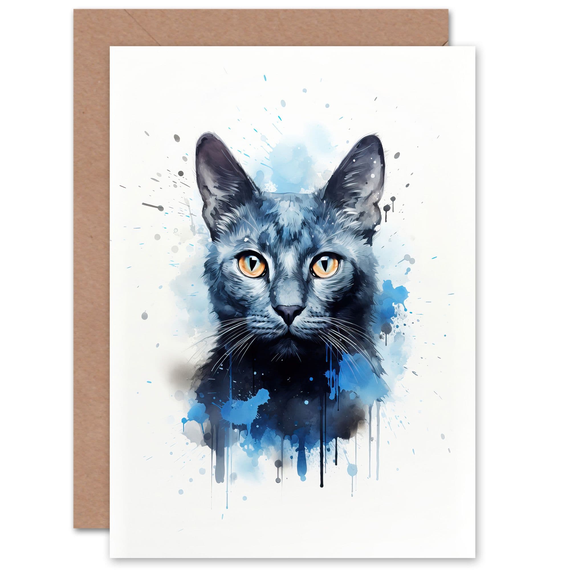 Russian Cat Lovers Gift Watercolour Pet Portrait Painting Artwork Greeting Card