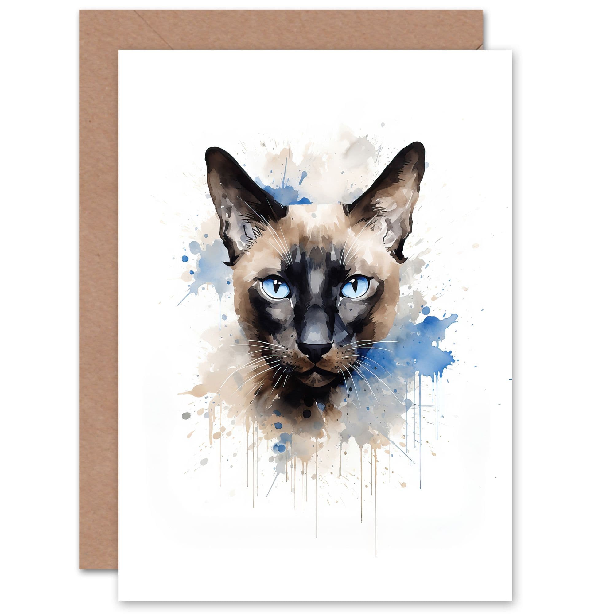 Siamese Cat Lovers Gift Watercolour Pet Portrait Painting Artwork Greeting Card