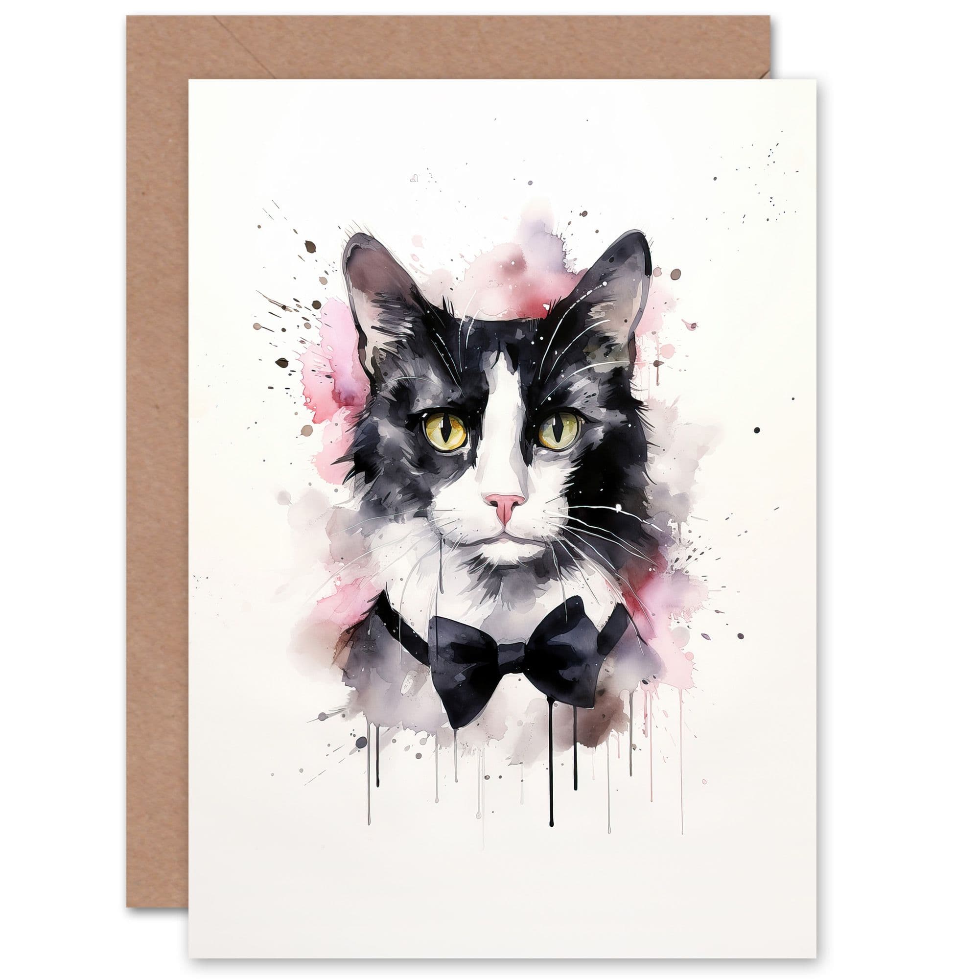 Tuxedo Cat Lovers Gift Watercolour Pet Portrait Painting Artwork Greeting Card