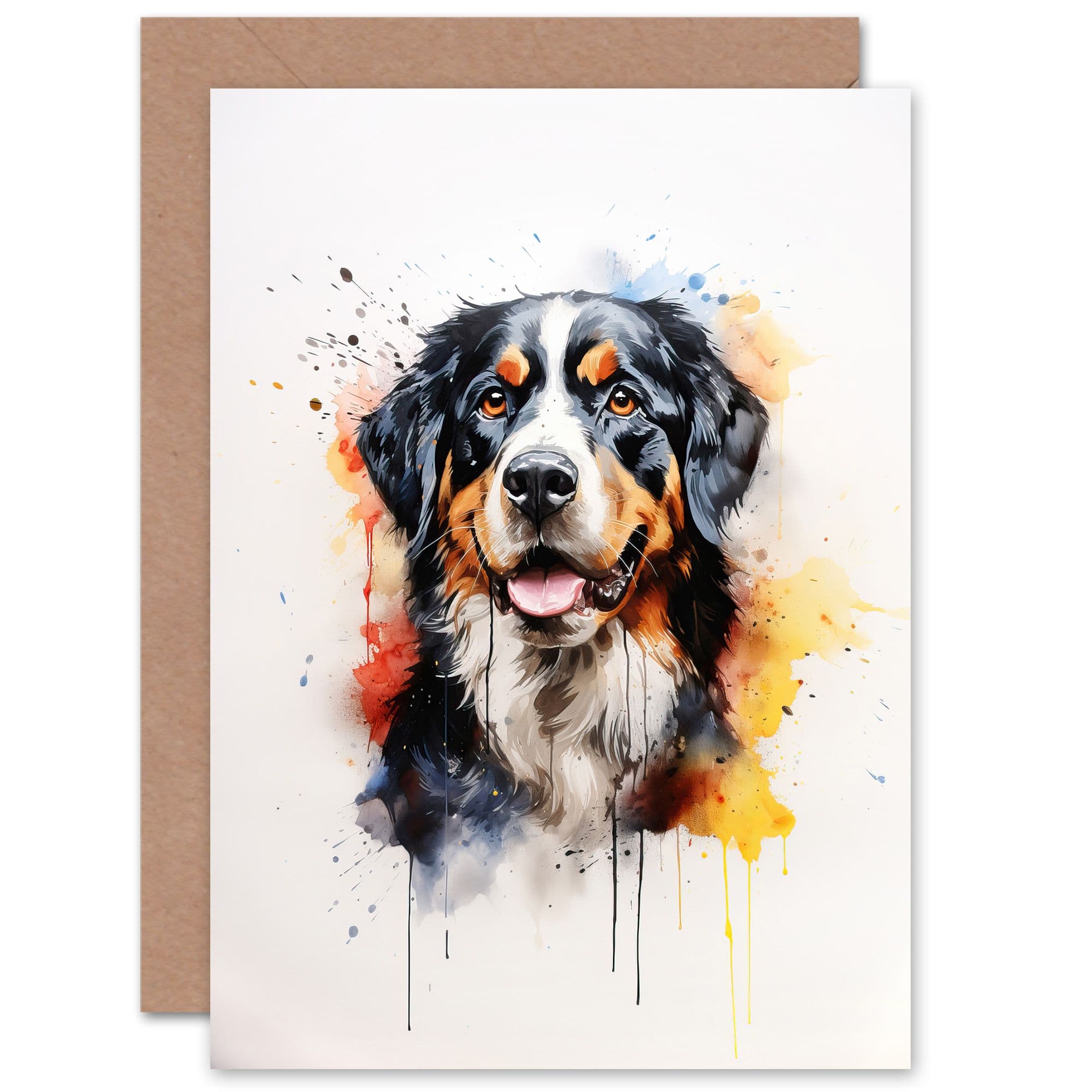 Bernese Mountain Lovers Gift Watercolour Pet Portrait Painting Artwork Greeting Card