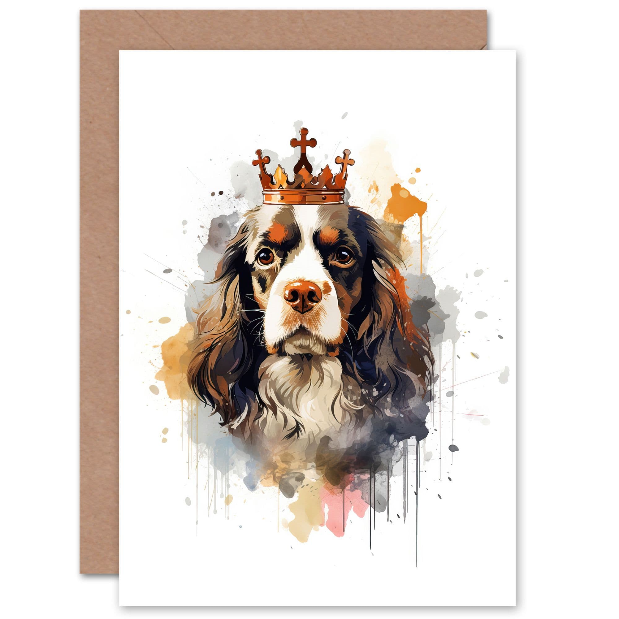 King Charles Spaniel Crown Dog Lovers Gift Watercolour Pet Portrait Painting Artwork Greeting Card
