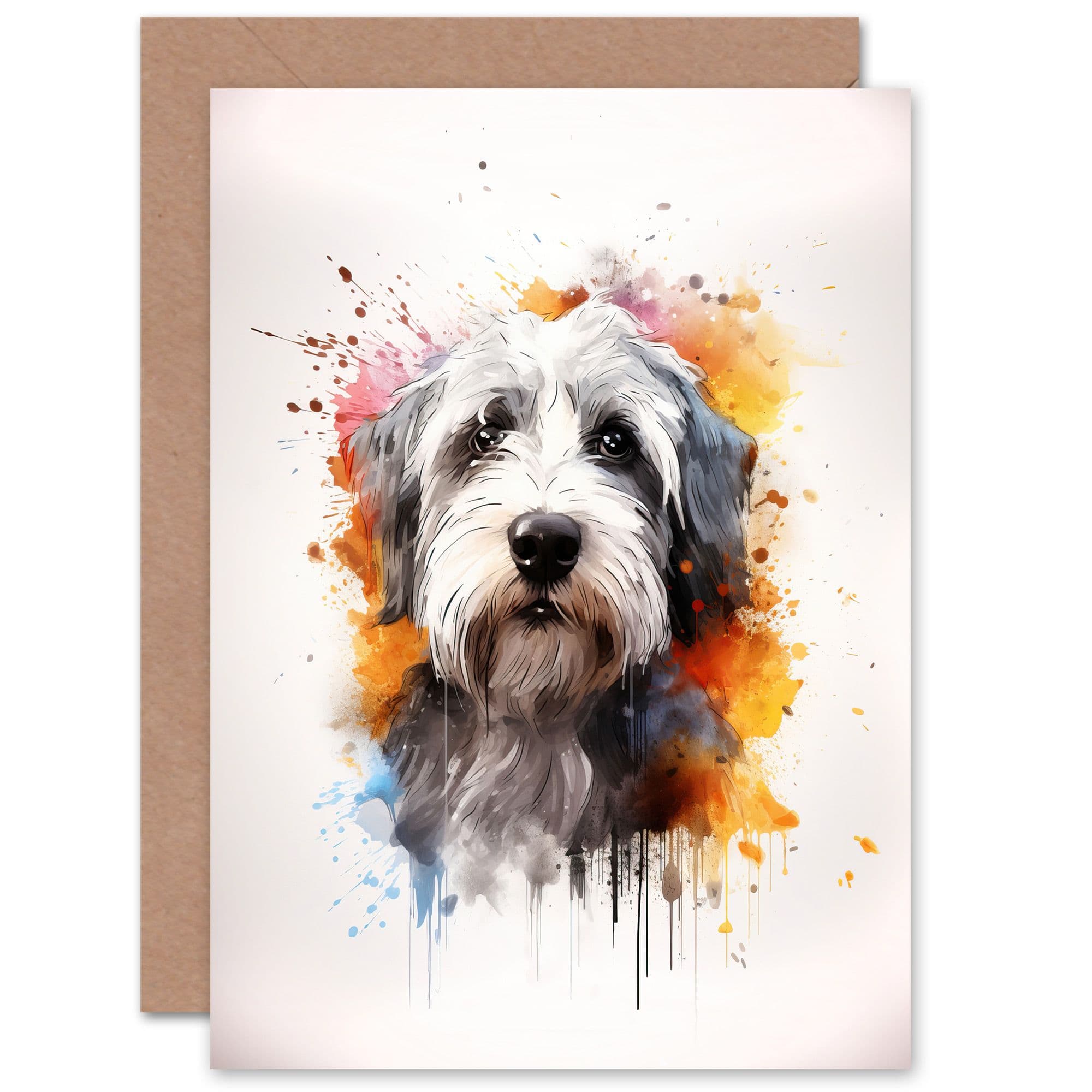 Old English Sheep Dog Lovers Gift Watercolour Pet Portrait Painting Artwork Greeting Card