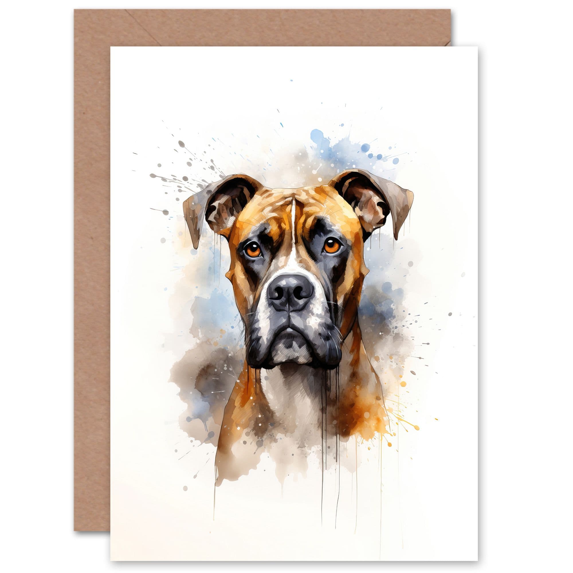 Brindle Boxer Lovers Gift Watercolour Pet Portrait Painting Artwork Greeting Card