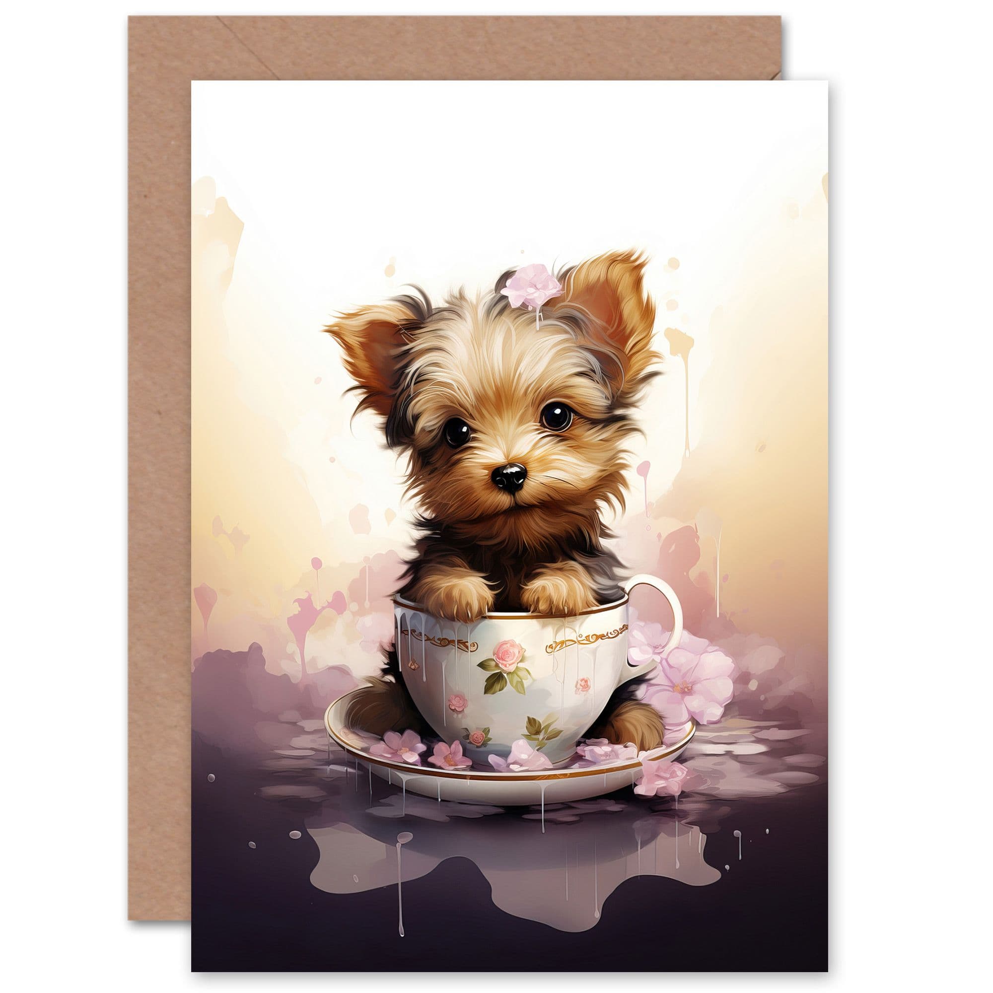 Tea Cup Yorkshire Terrier Lovers Gift Watercolour Pet Portrait Painting Artwork Greeting Card