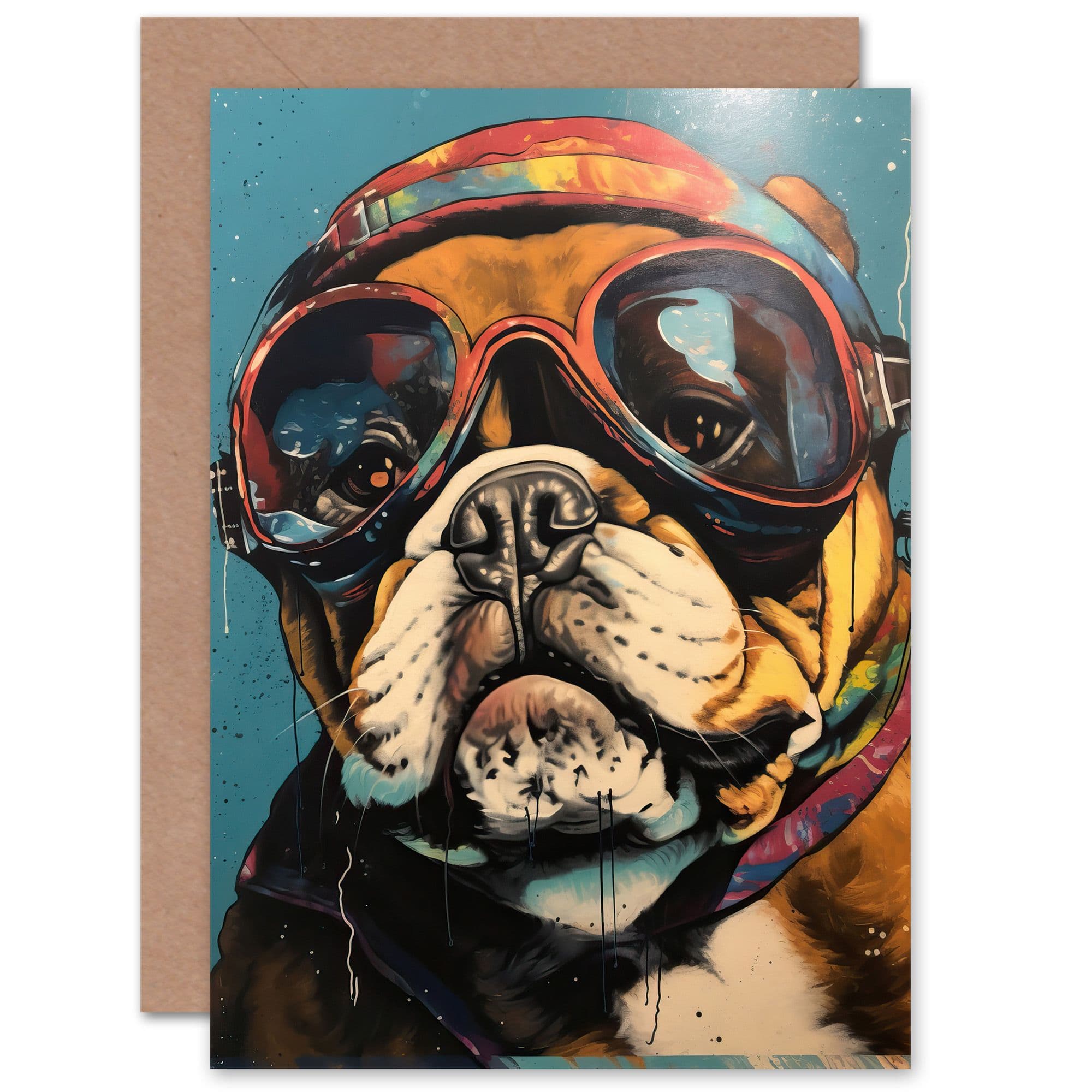 Biggles Bulldog Goggles Helmet Him or Her Birthday Greeting Card