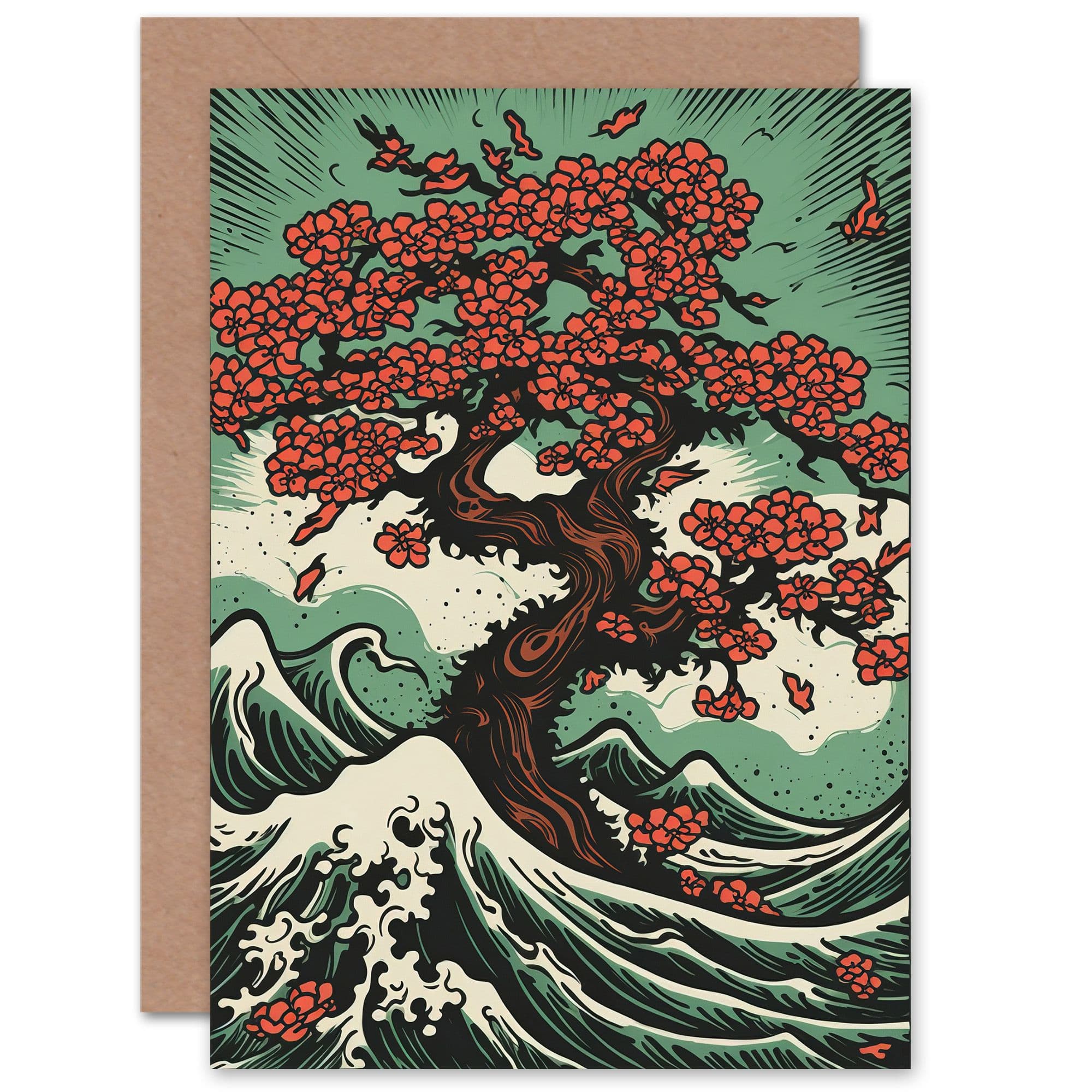 Japanese Cherry Blossom Tree on Sea Birthday Mothers Day Greeting Card