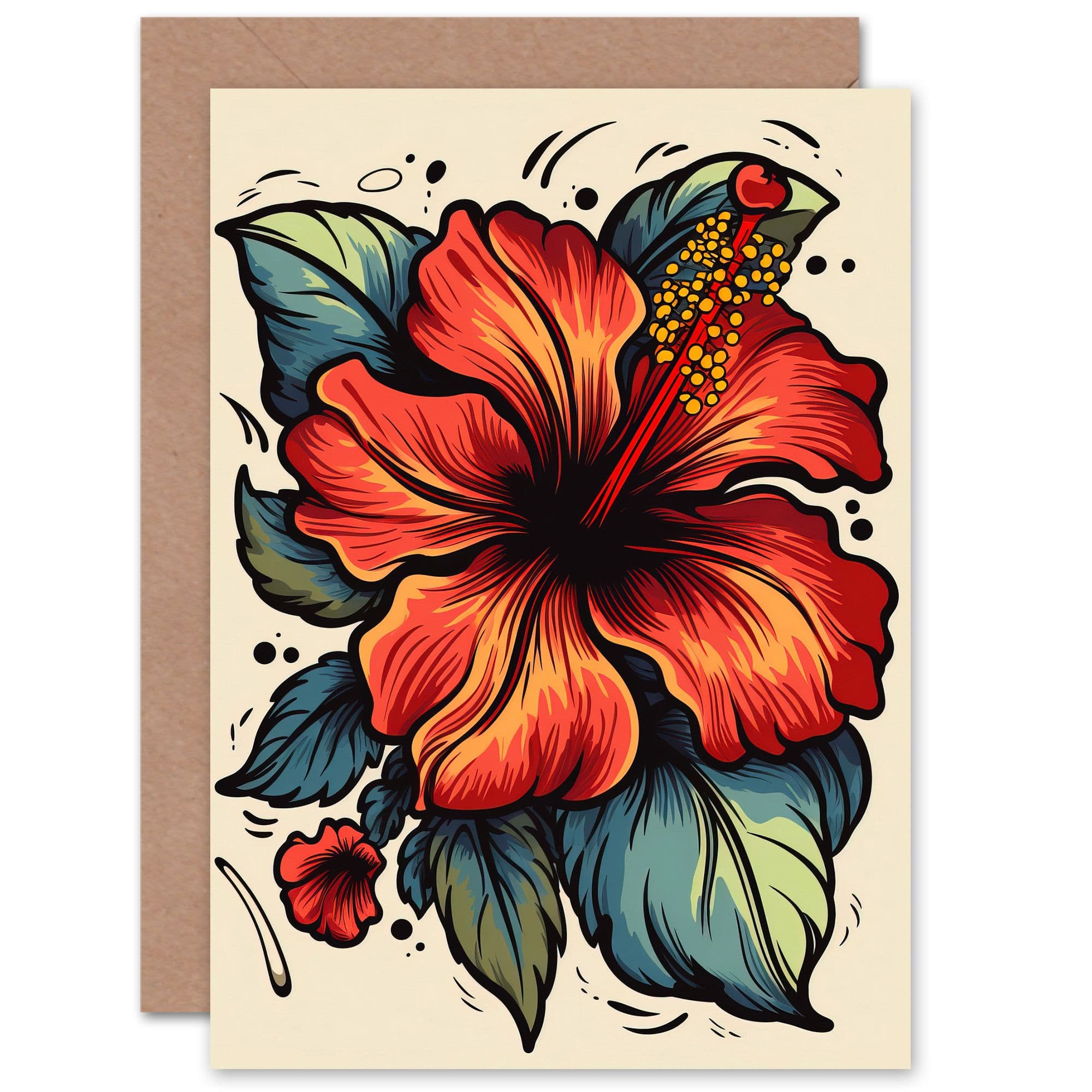 Red Hibiscus Old School USA Tattoo Ink Birthday Thank You Greeting Card