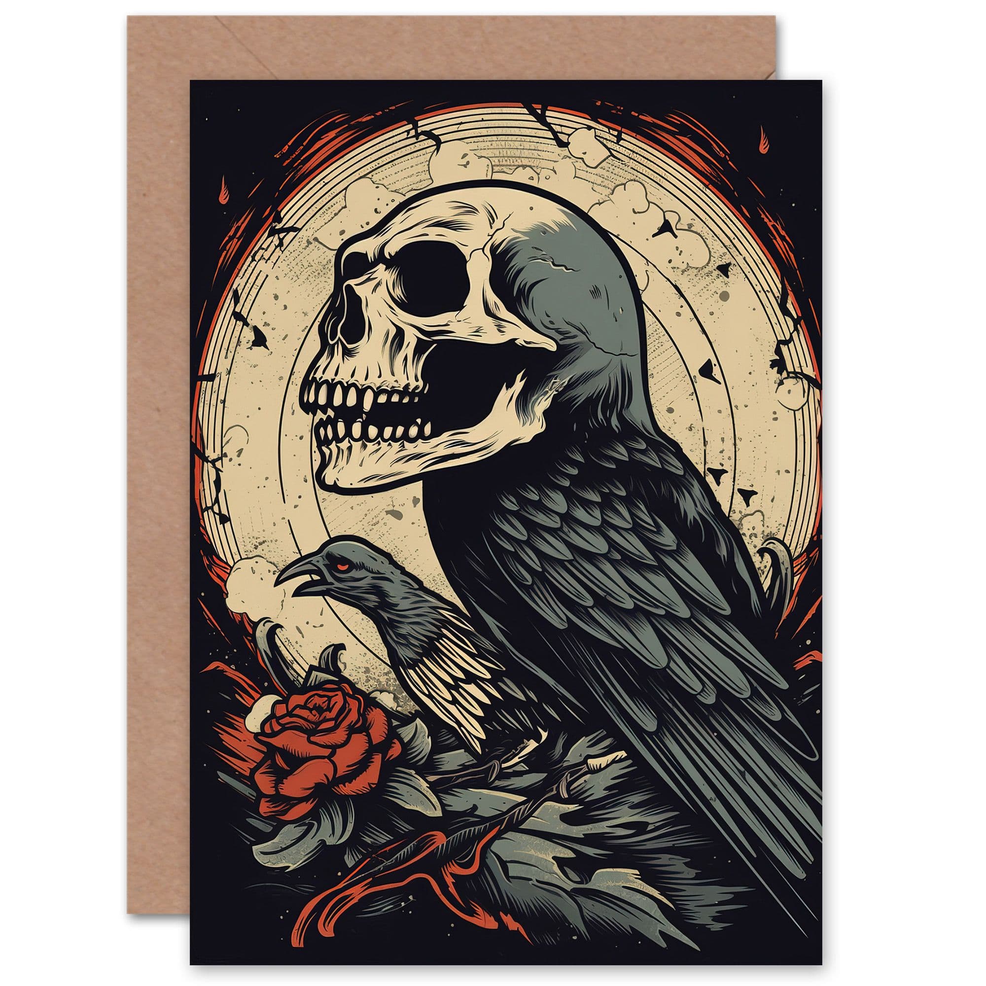 Human Skull Raven Horror Dark Creepy Birthday Thank You Greeting Card