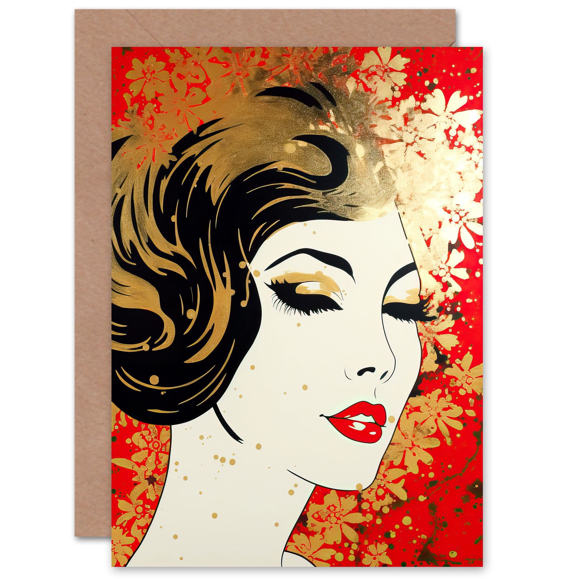 Red Gold Art Nouveau 1920s Birthday Thank You Mothers Day Greeting Card