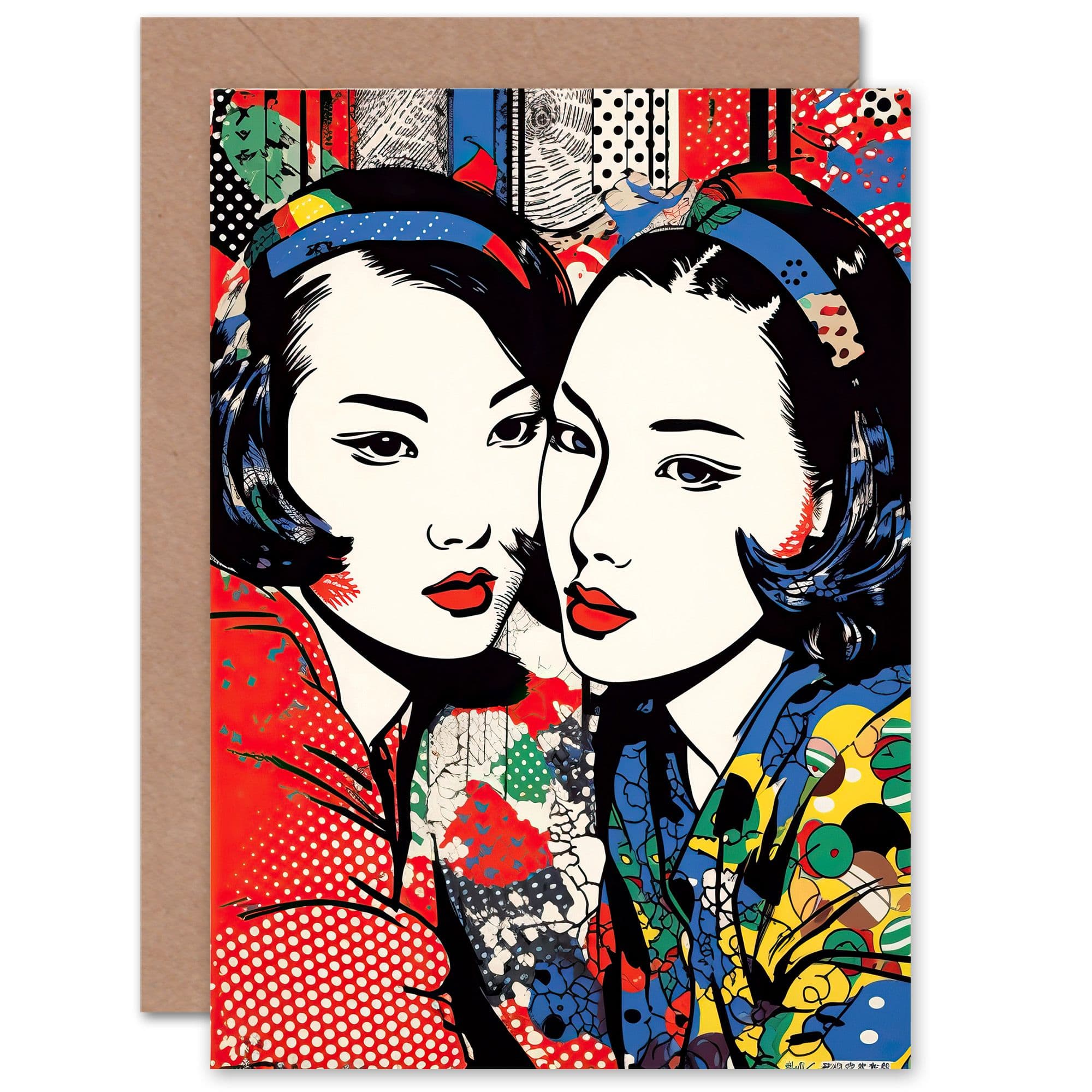 Japan Two Women Vibrant Pop Art LGBTQ for Her Valentines Greeting Card