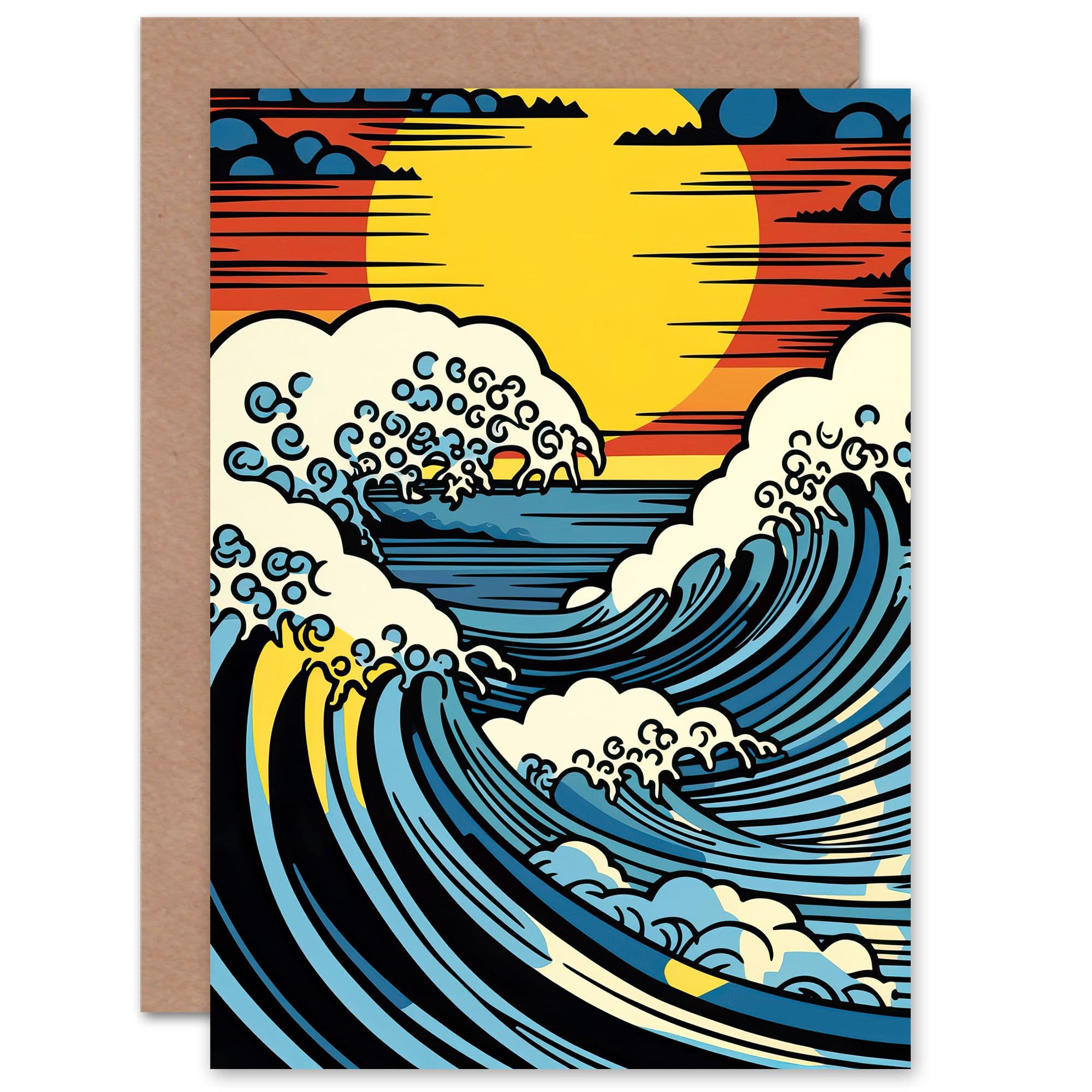 Great Wave Comic Book Style Seascape Sunset Birthday Greeting Card