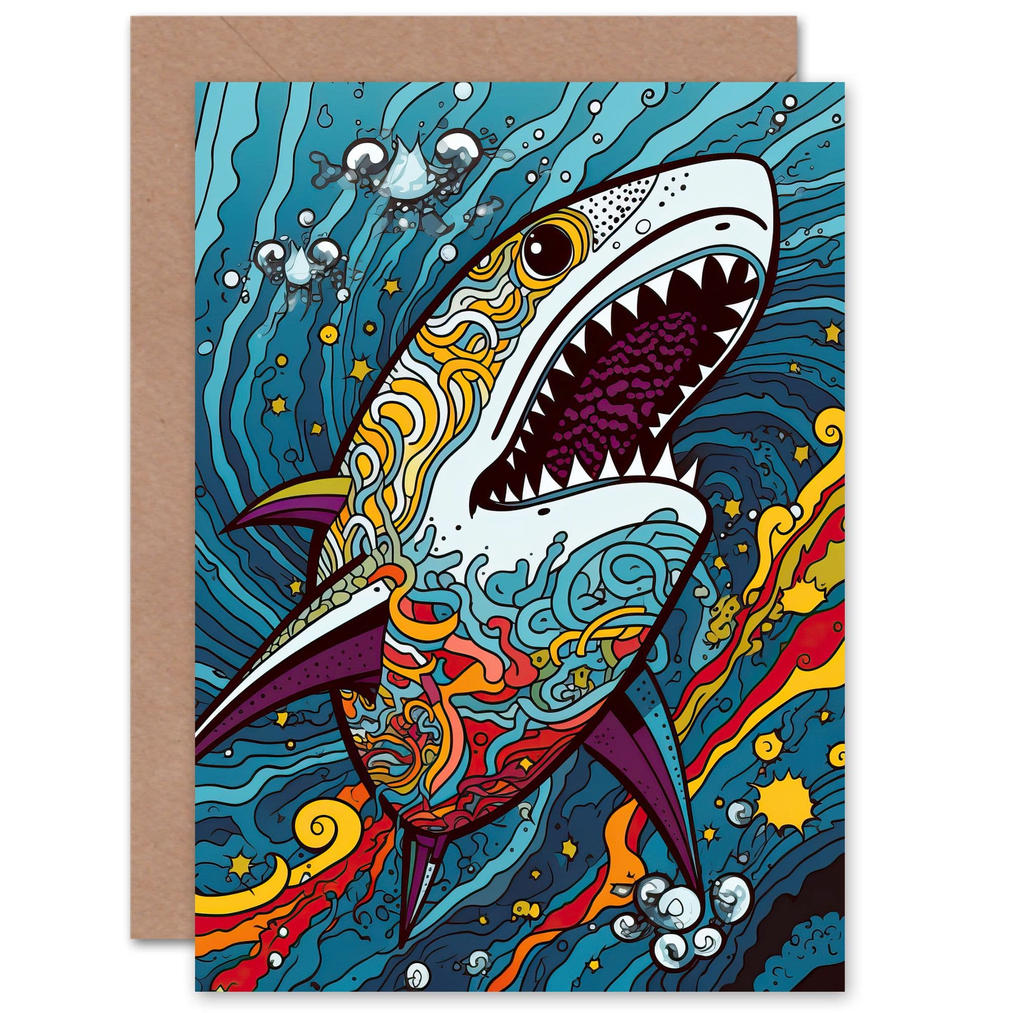 Fun Shark Colourful Psychedelic Pattern Pop Art Birthday Greeting Card