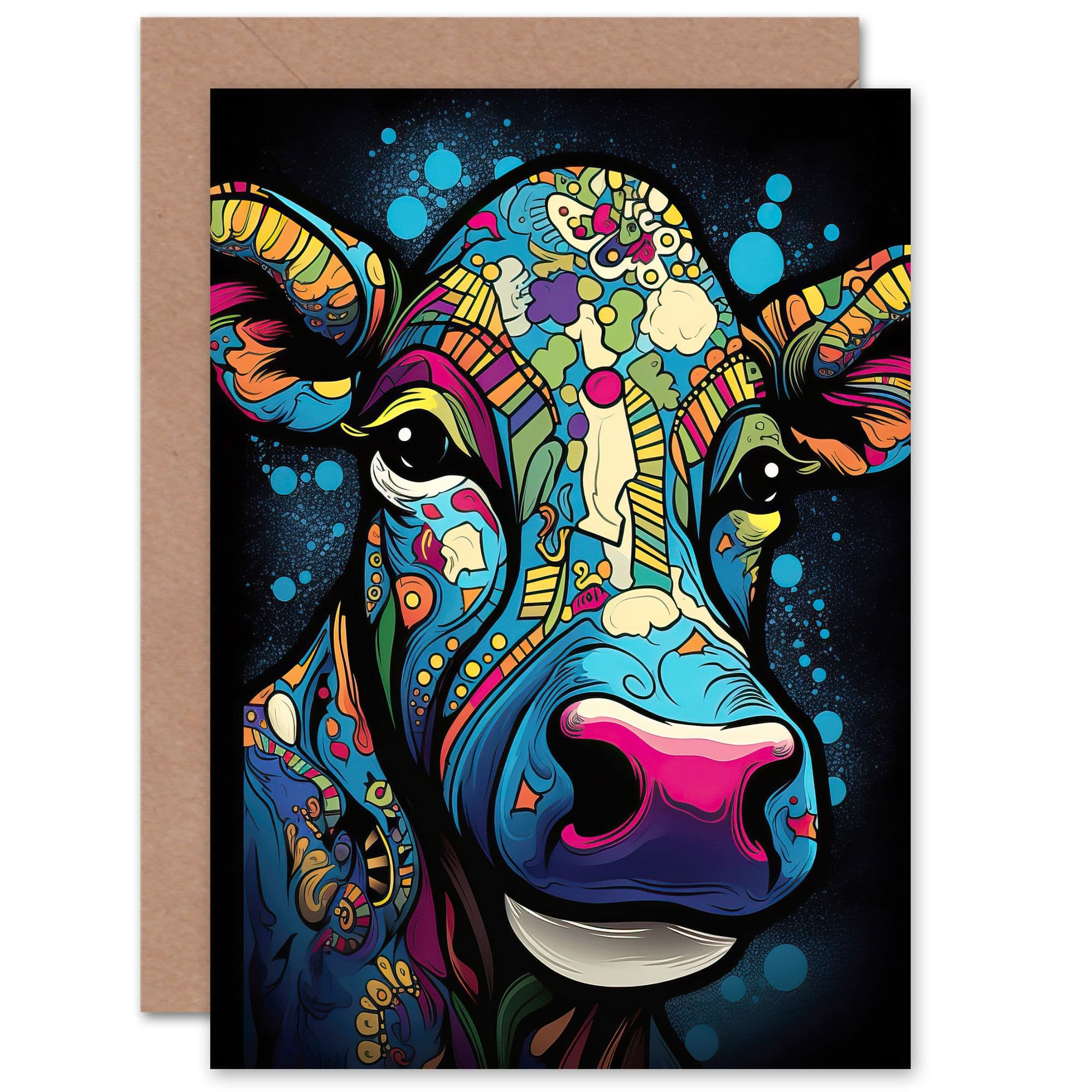 Psychedelic Cow Modern Folk Pop Art Him or Her Birthday Greeting Card