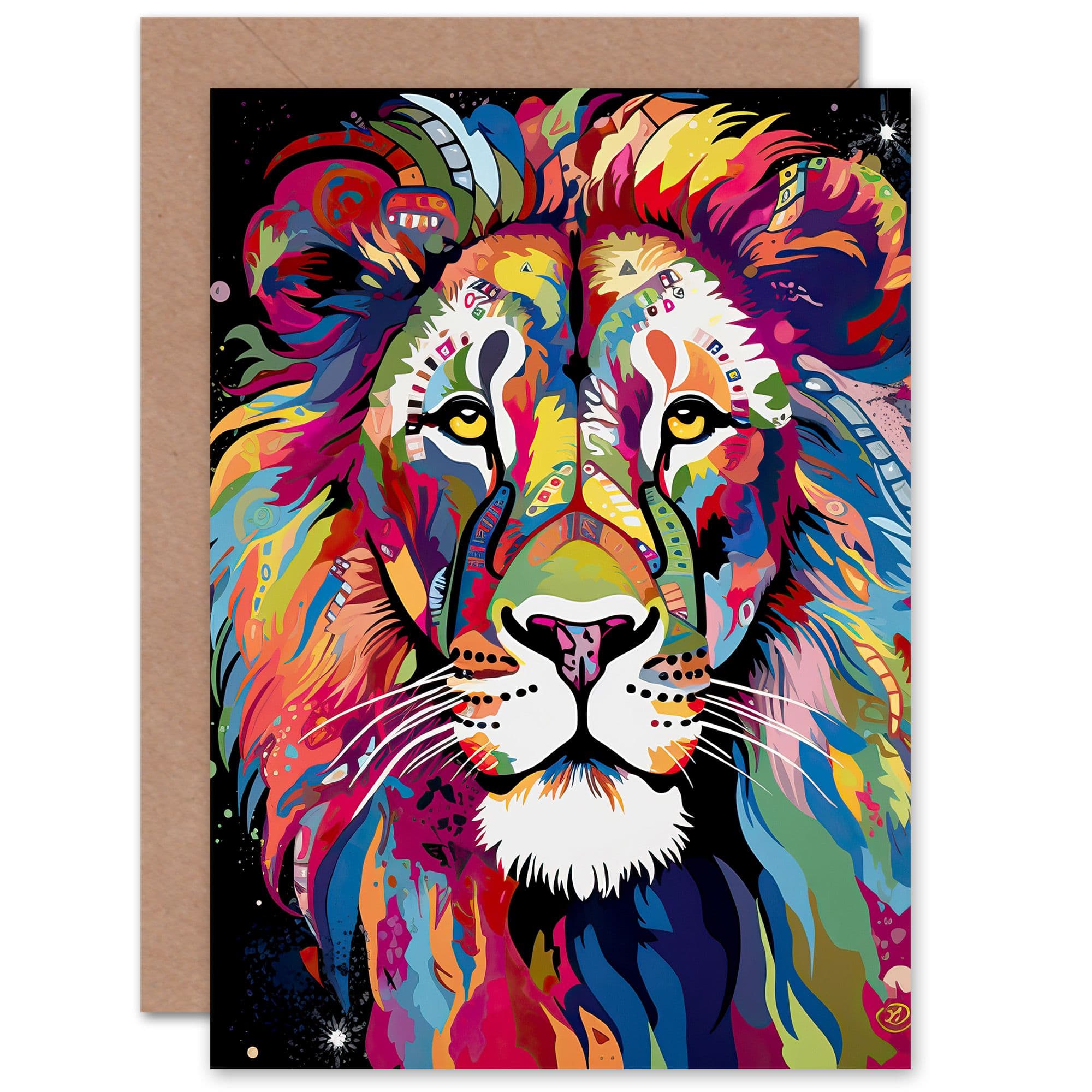 Colourful Lion Folk Portrait for Him Dad Fathers Day Greeting Card