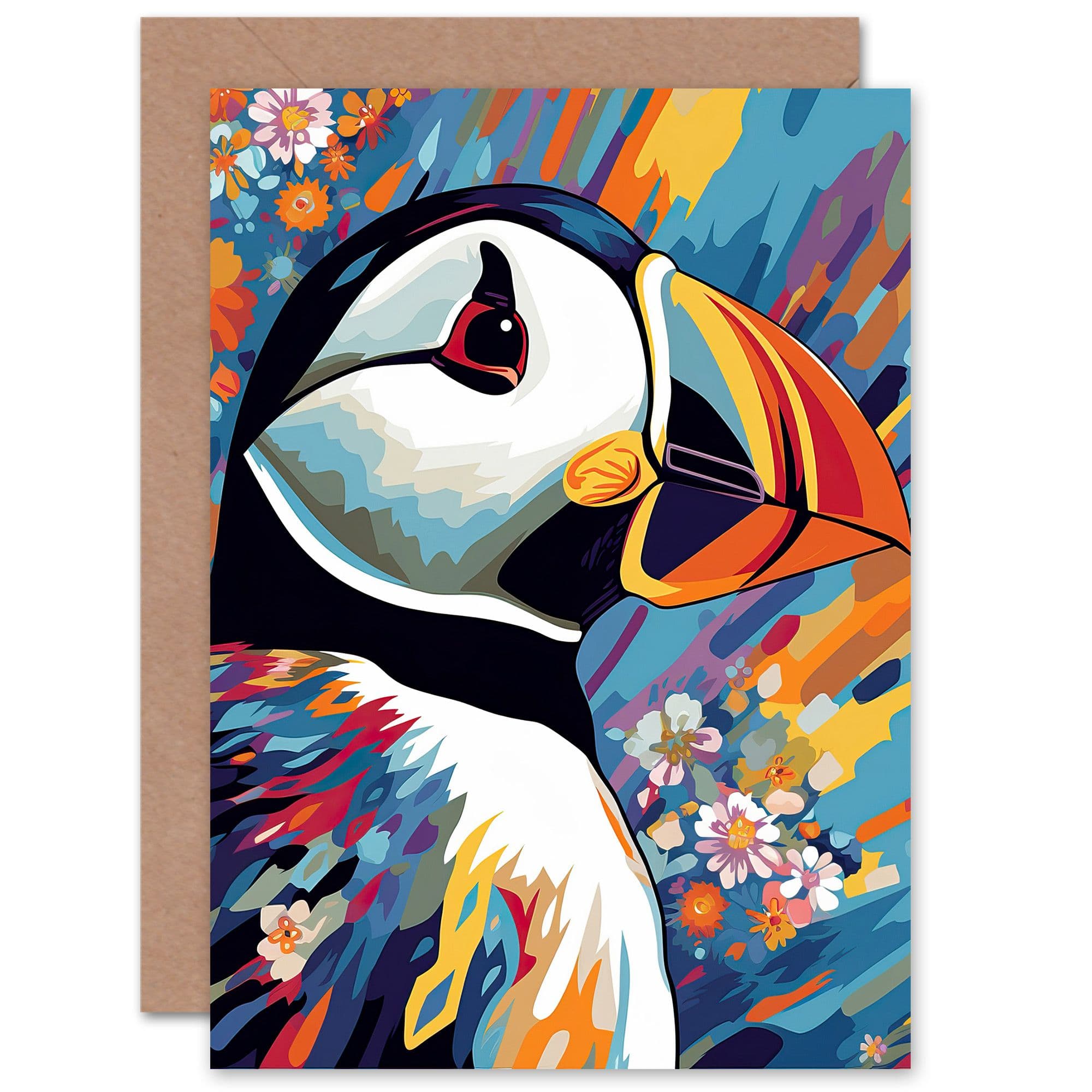 Puffin and Flowers Vibrant Colourful Birthday Thank You Greeting Card