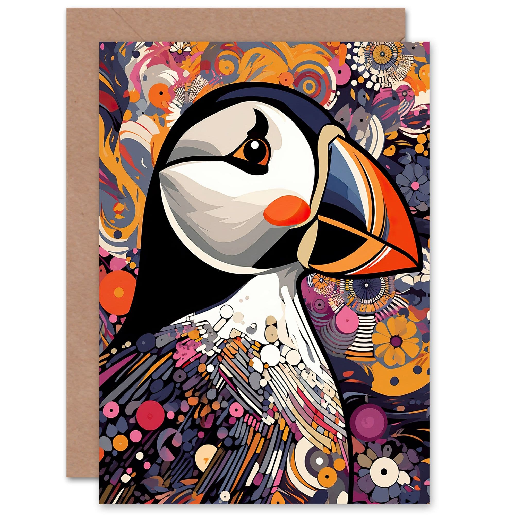 Puffin Portrait Bird Lover Geometric Maximalist Birthday Greeting Card