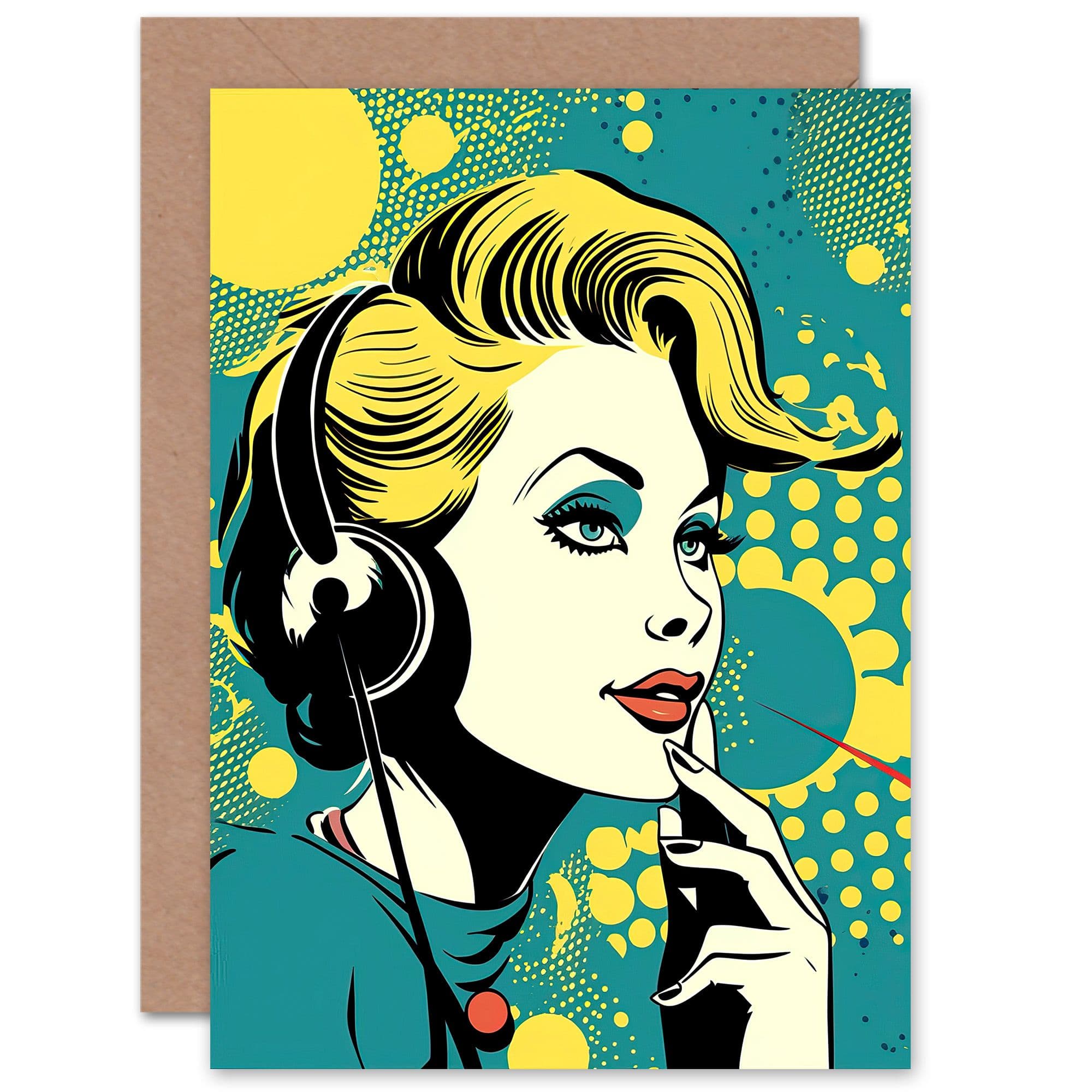 Retro 1950s Woman Telephone Headset Comic Book Birthday Greeting Card