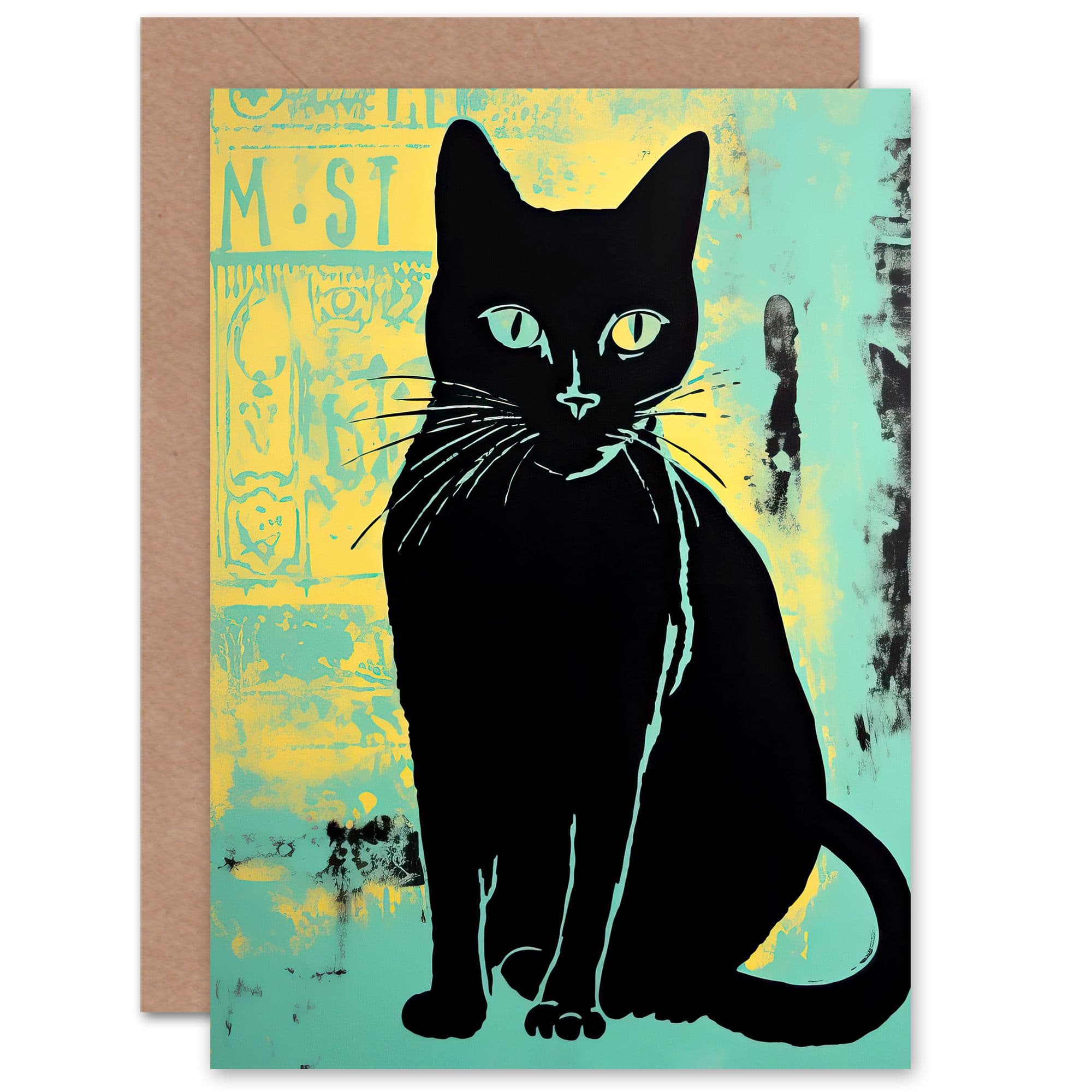 Black Cat on Teal Blue for Him or Her Birthday Thank You Greeting Card