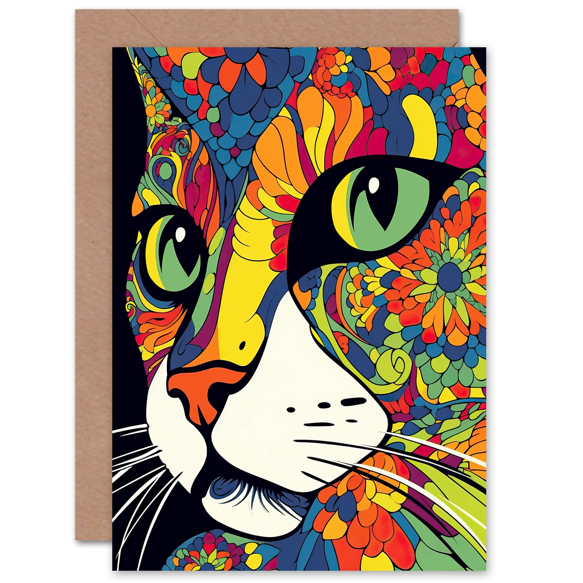 Vivid Colourful Cat Lovers Painting for Him or Her Birthday Greeting Card