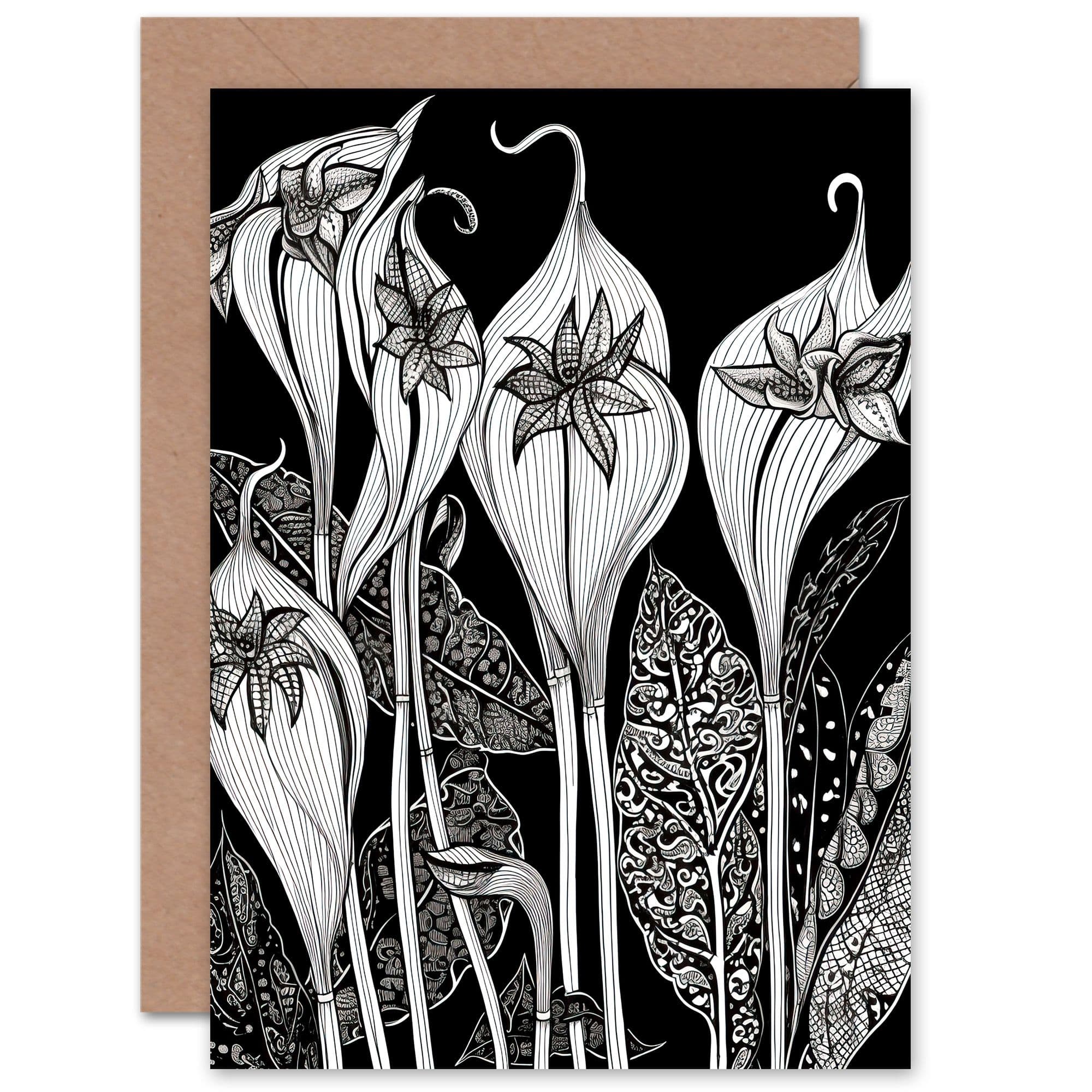 Arisaema Flower Plant Black and White Folk Art Birthday Greeting Card