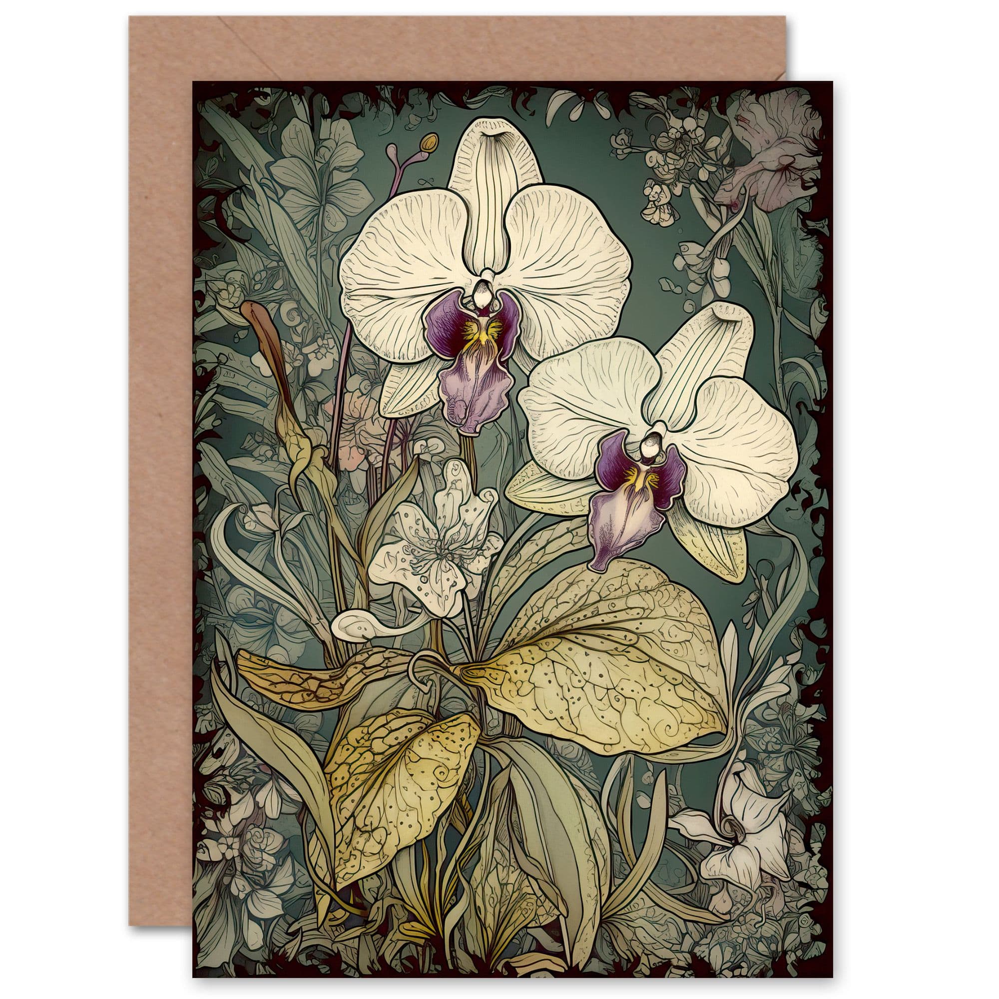 William Morris Style Orchid Flowers Floral for Wife Her Greeting Card