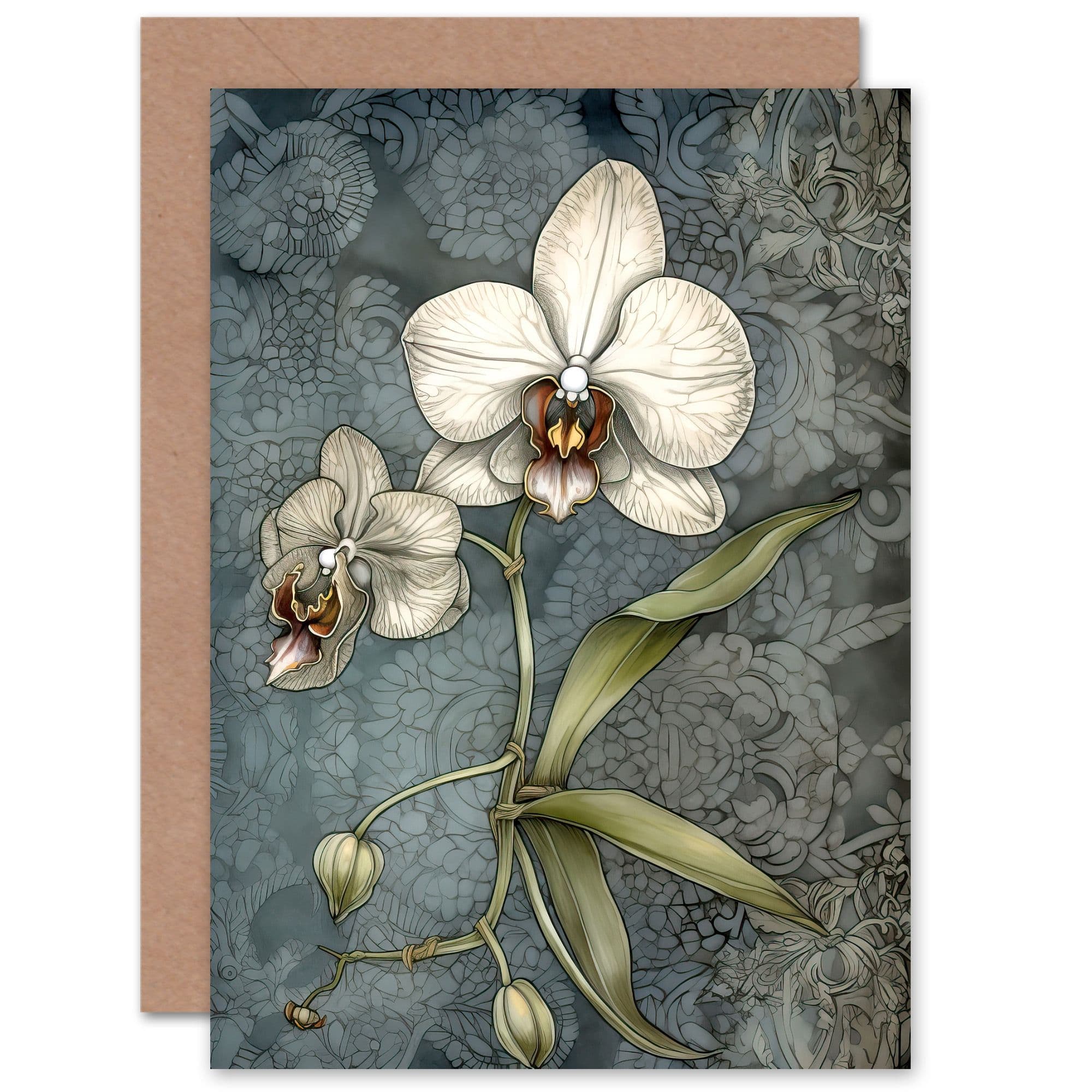 Orchid Flower Blooms Art Nouveau Floral Her Birthday Greeting Card
