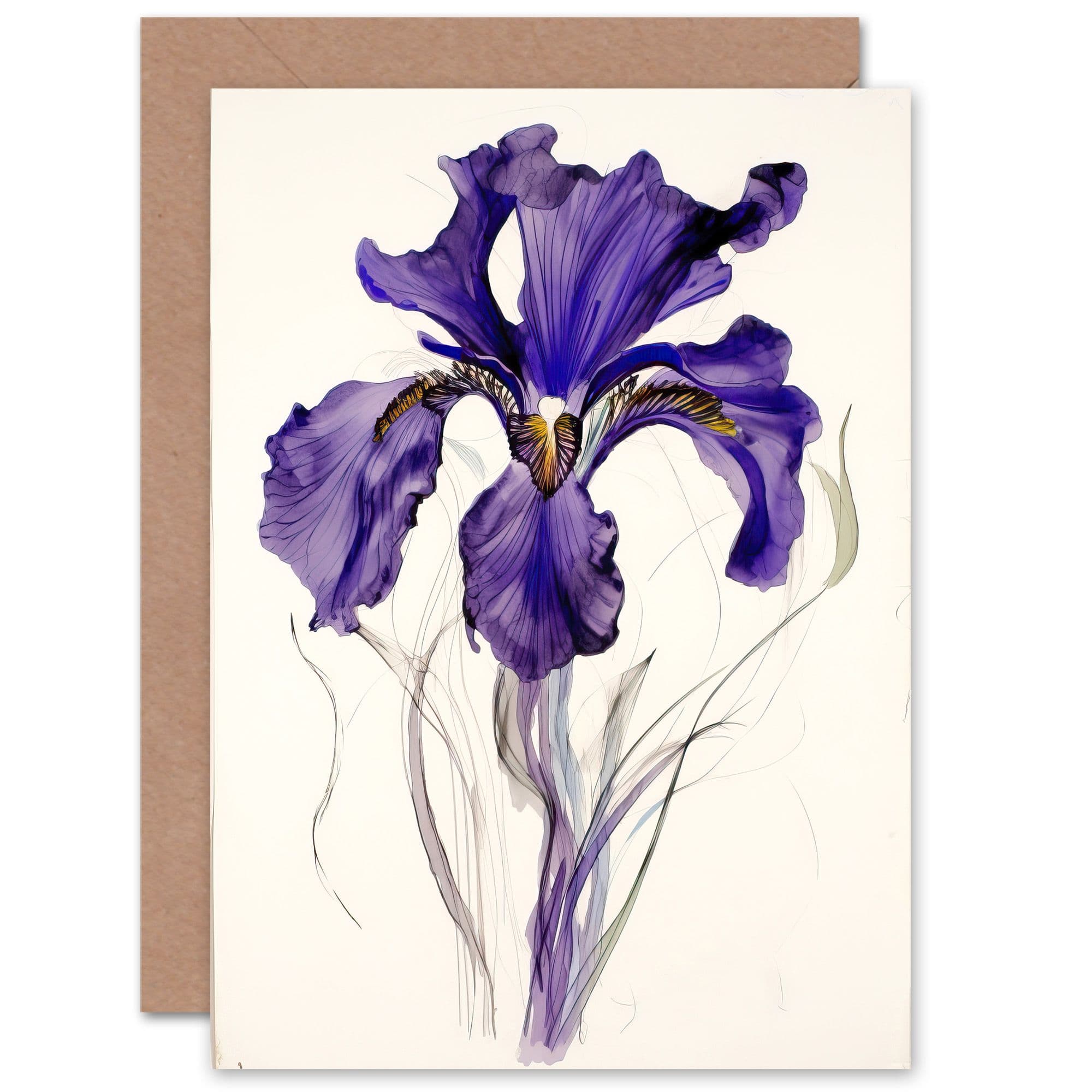 Single Iris Watercolour Flower Bloom Birthday Mothers Day Greeting Card