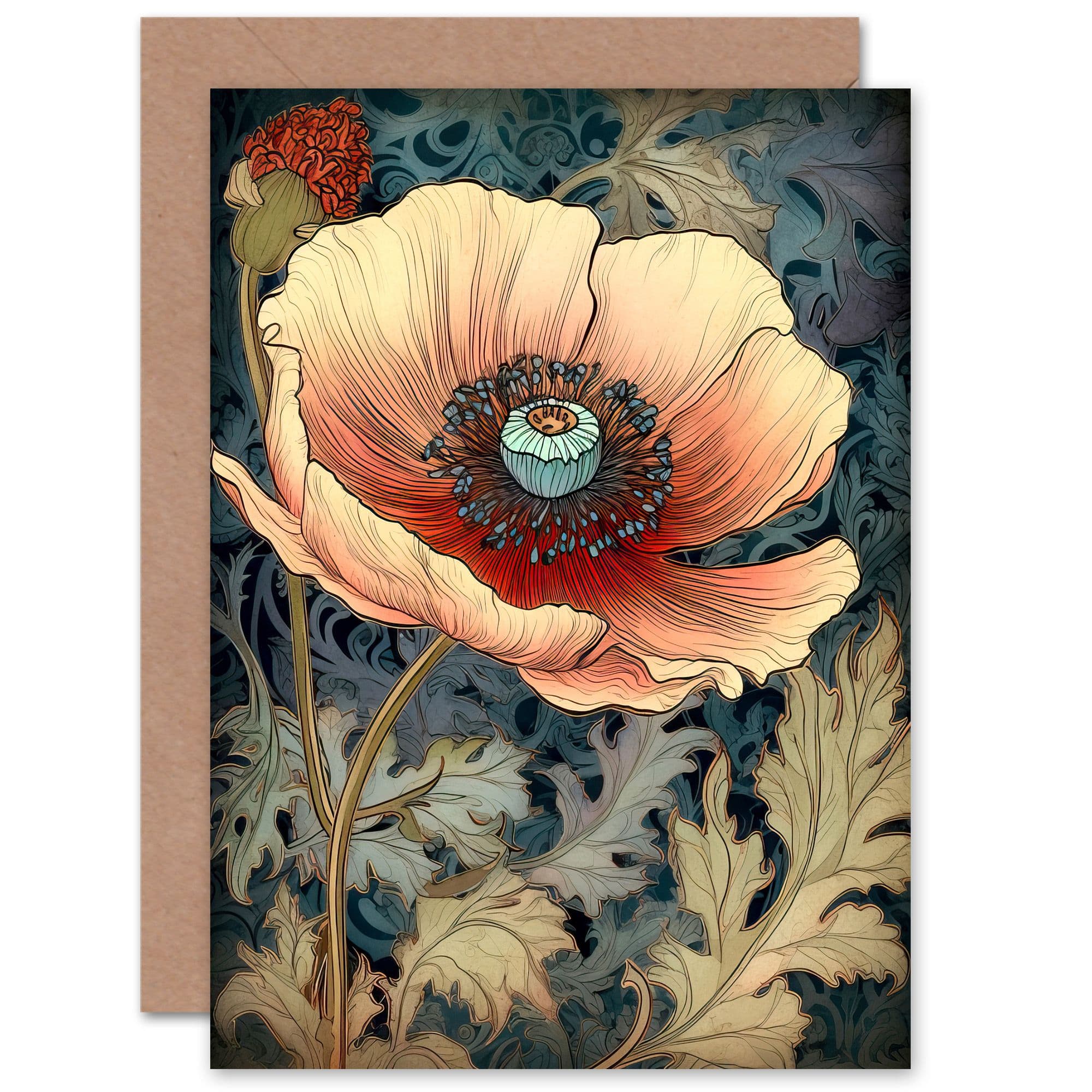 William Morris Style Anemone Flower Bloom Birthday Greeting Card