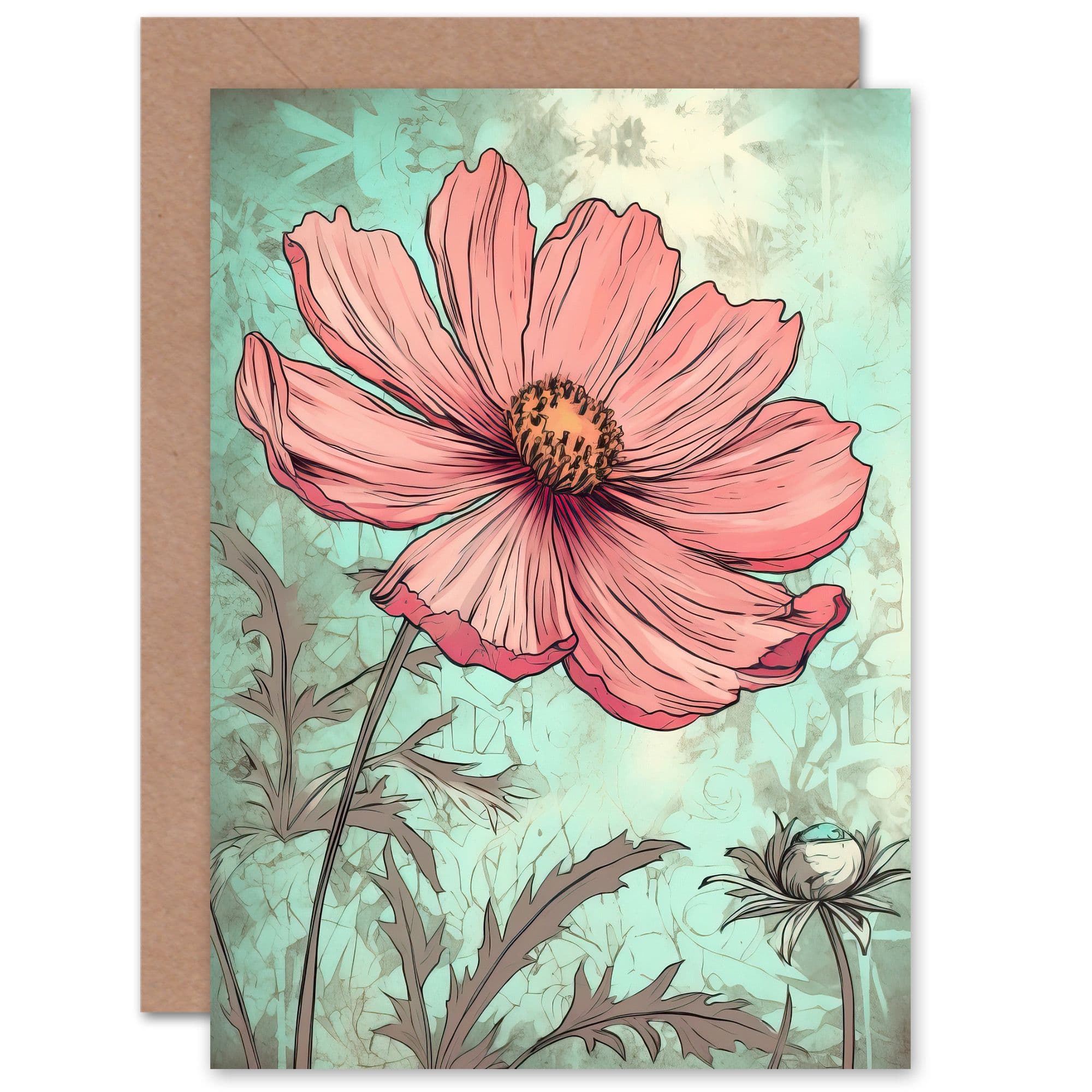 Cosmos Flower Soft Pink Teal Watercolour Mothers Day Greeting Card