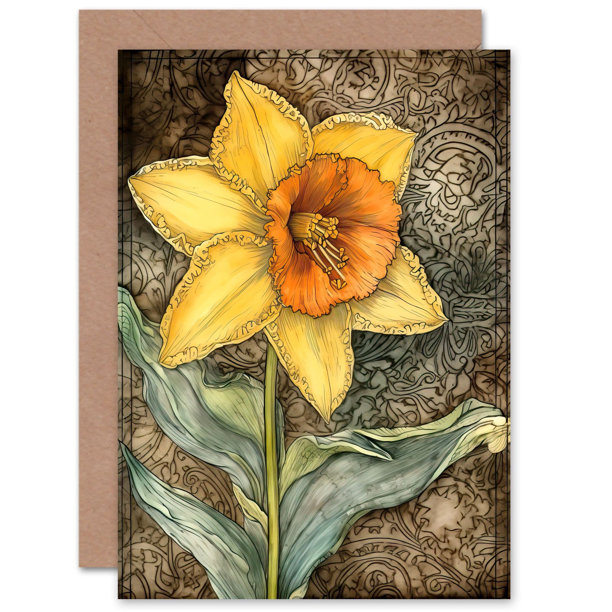 Daffodil Flower Watercolour Art Nouveau Birthday Thank You Greeting Card