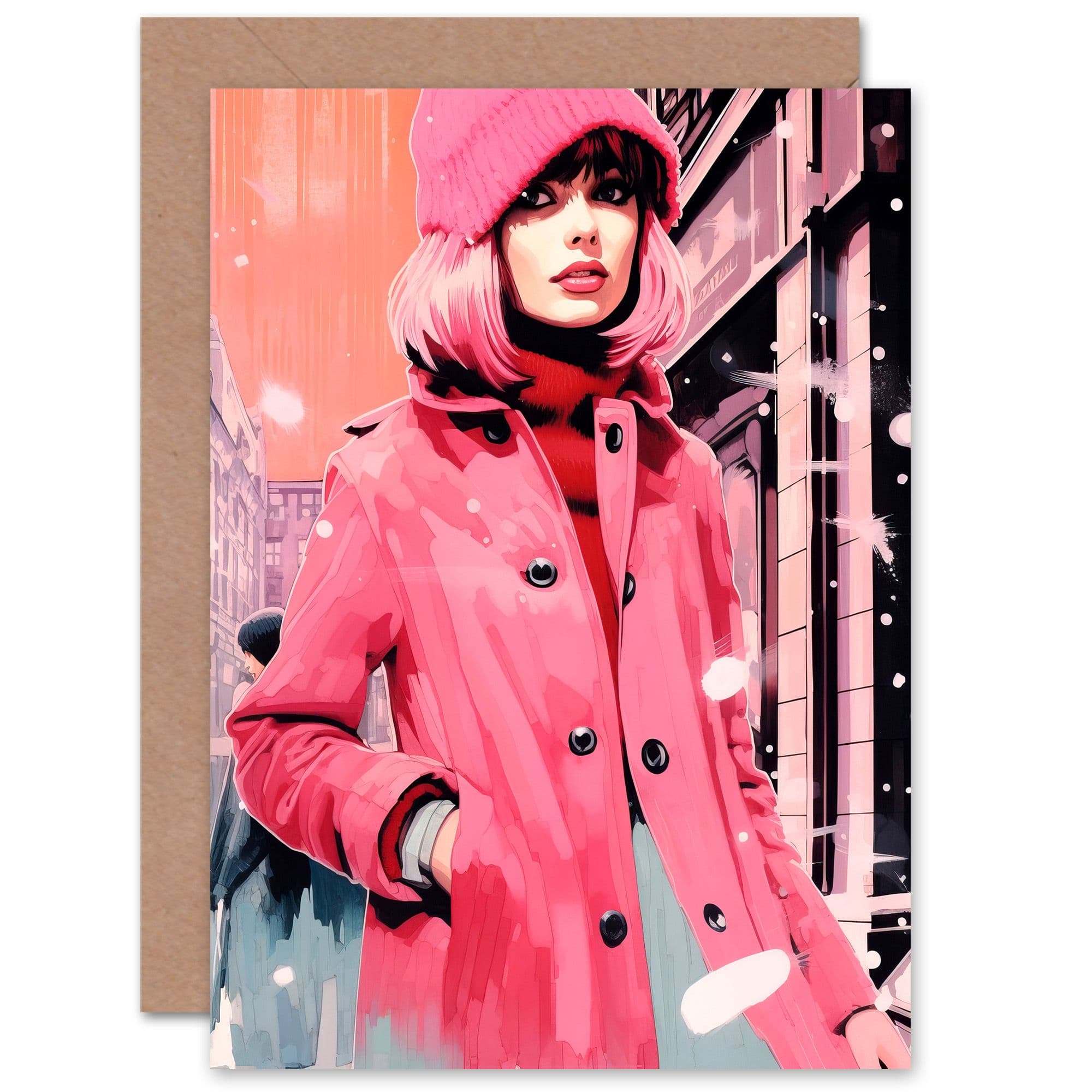 Girl Chic Retro Pink City Fashion Snow for Her Birthday Greeting Card