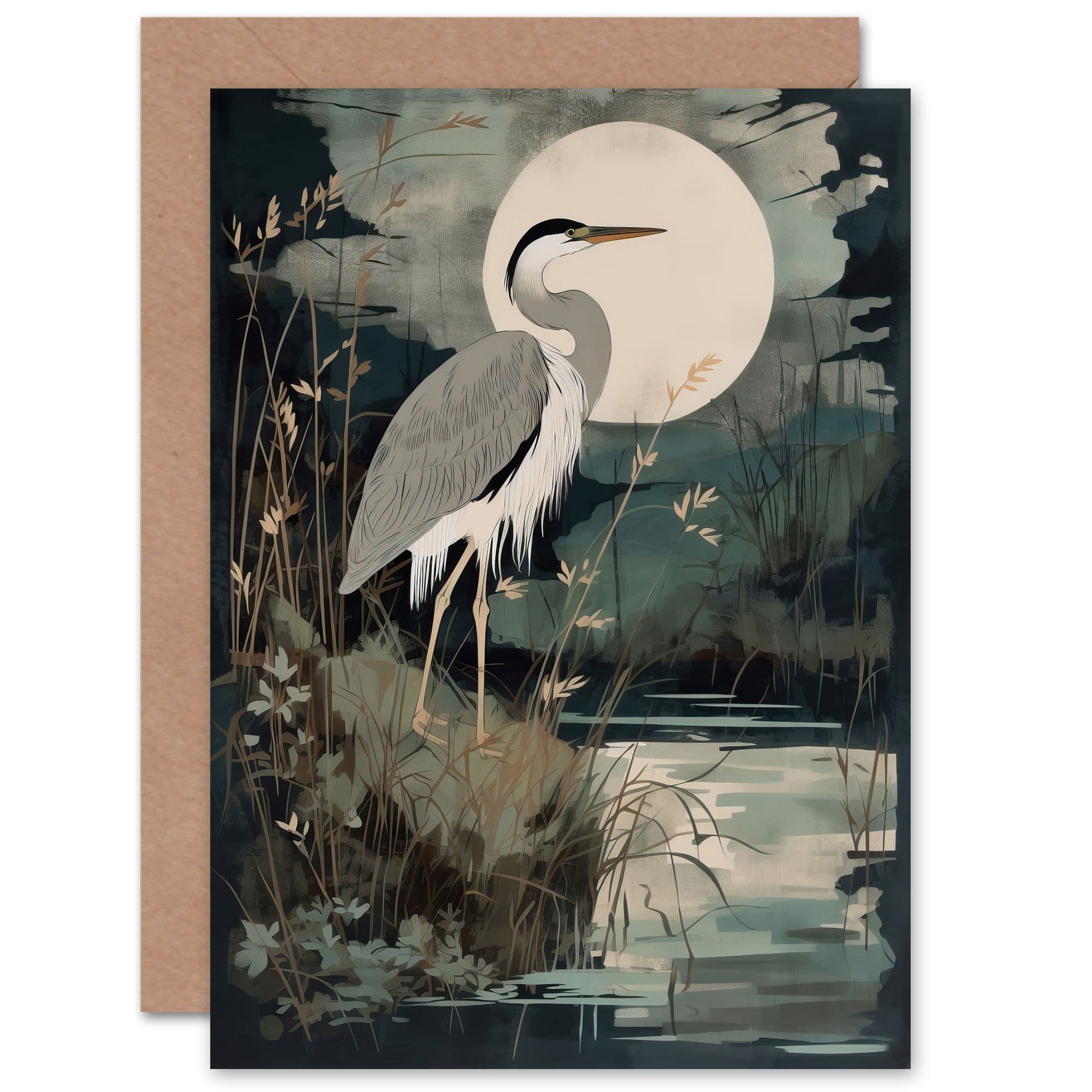 Supper Time Moonlit Heron Earthy Him or Her Birthday Greeting Card