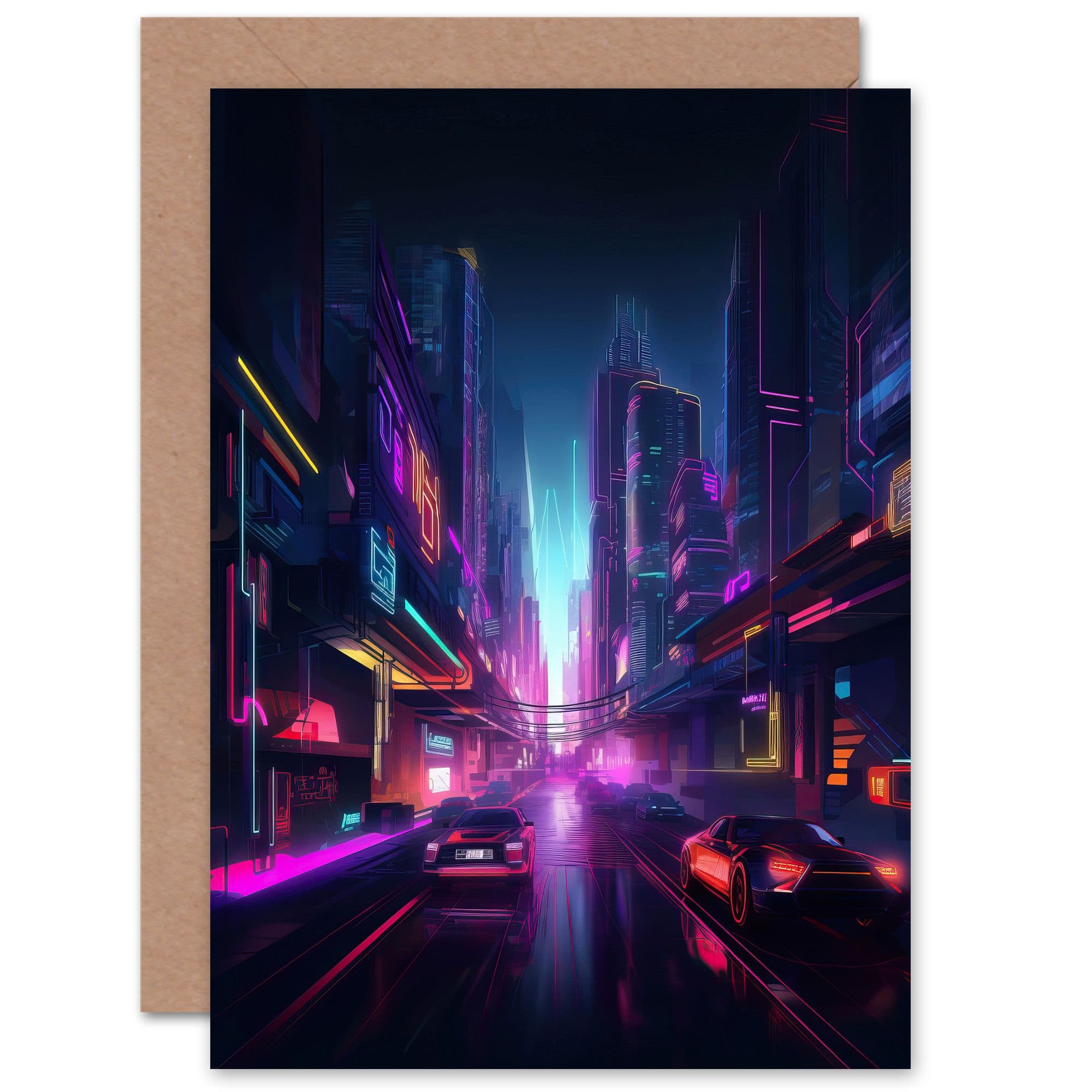 Neon Purple Electronic Futuristic Skyscraper for Him or Her Greeting Card
