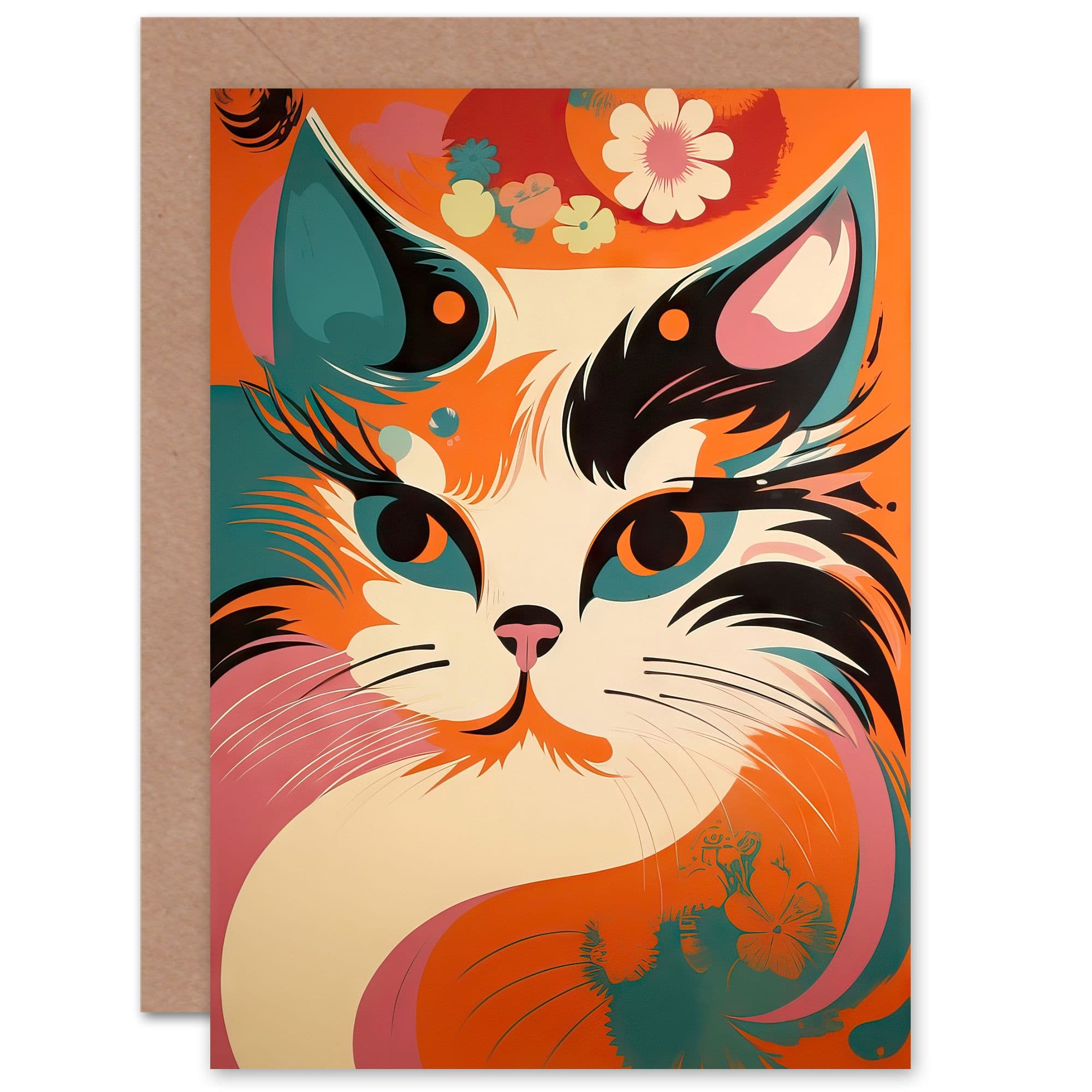 Boho Cat Lover Orange Teal Pink Floral Retro Birthday Greeting Card