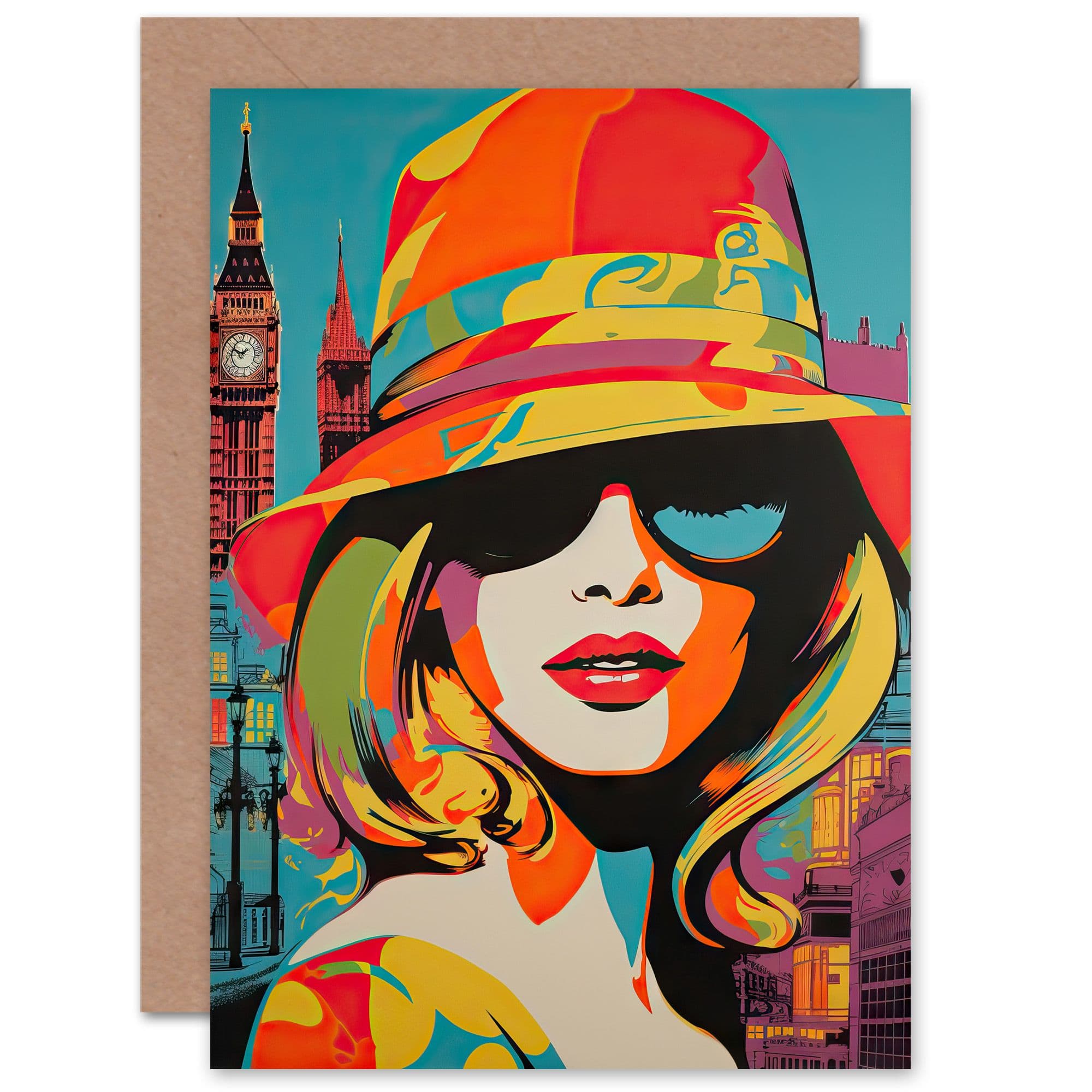 1960s London Chic Retro Neon Woman Big Ben Birthday Greeting Card