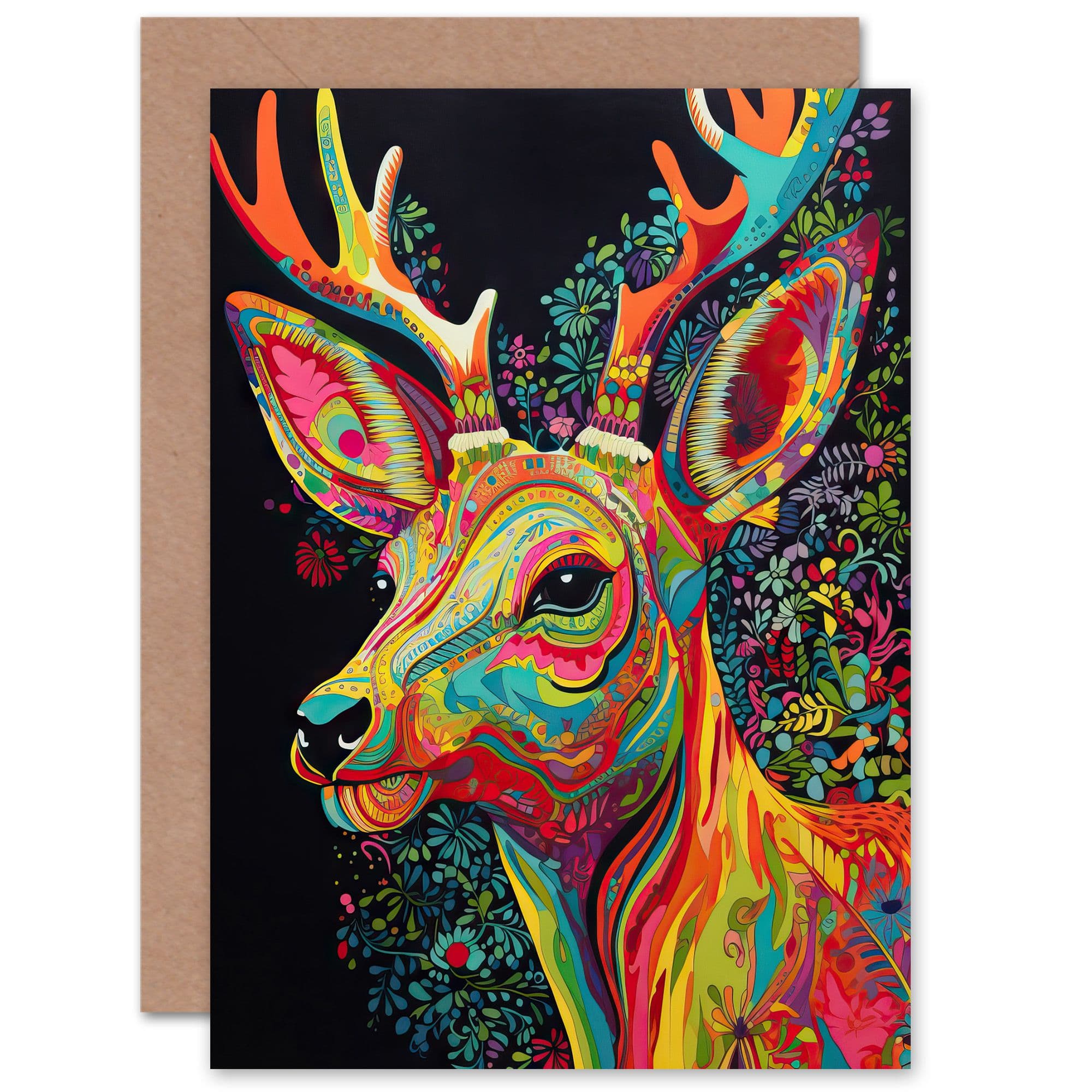 Reindeer Floral Stag Vibrant Bold Bright Birthday Greeting Card
