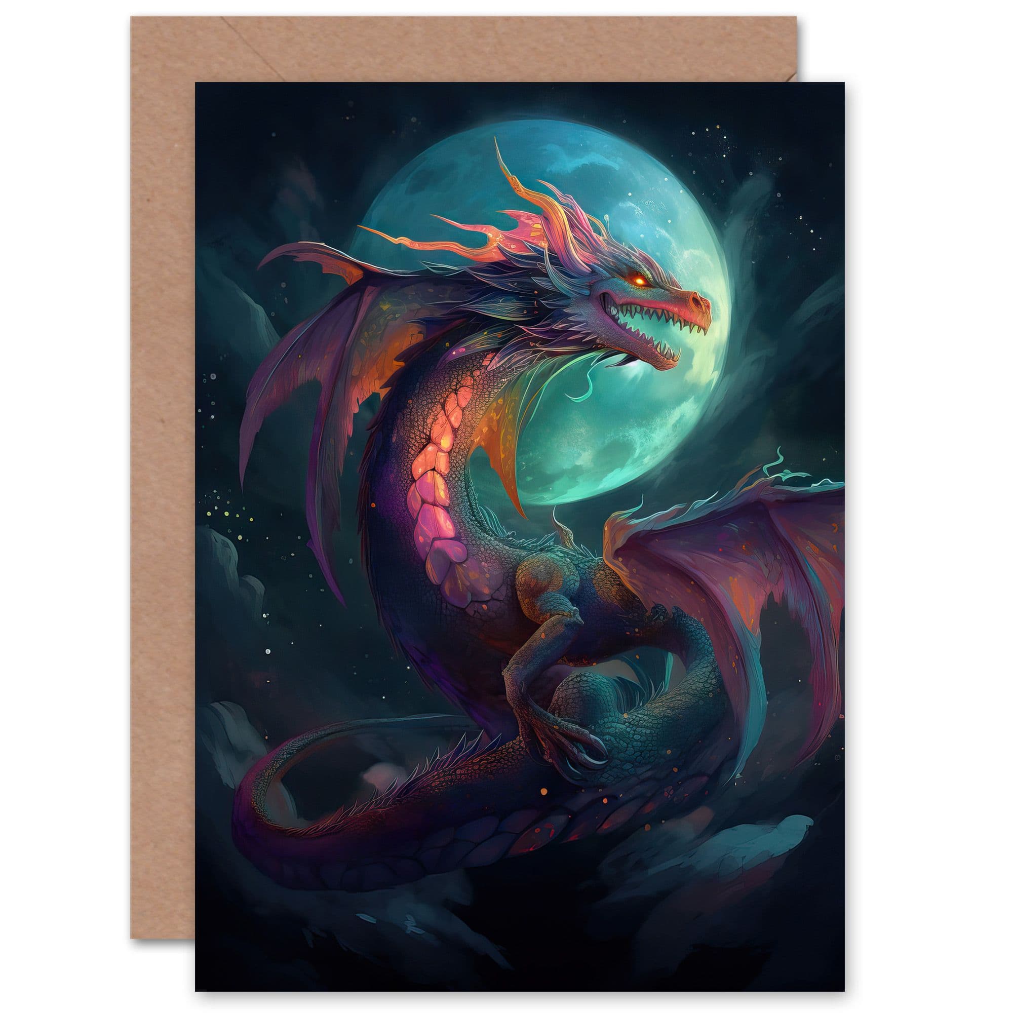 Full Moon Dragon Fantasy Him or Her Birthday Thank You Greeting Card
