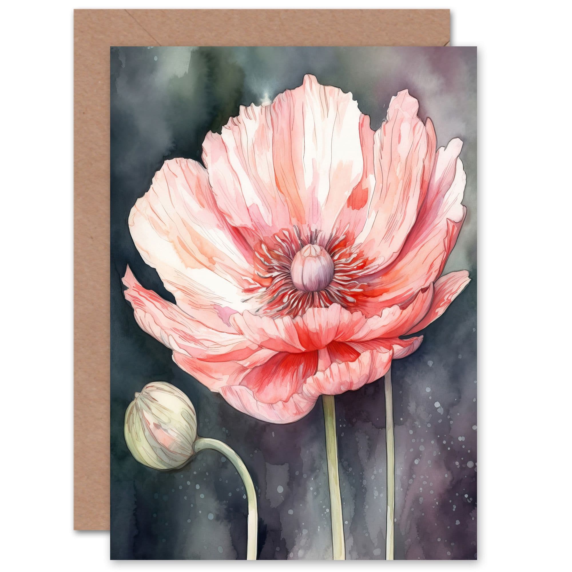 Pink Poppy Flower Pastel Watercolour Birthday Thank You Greeting Card
