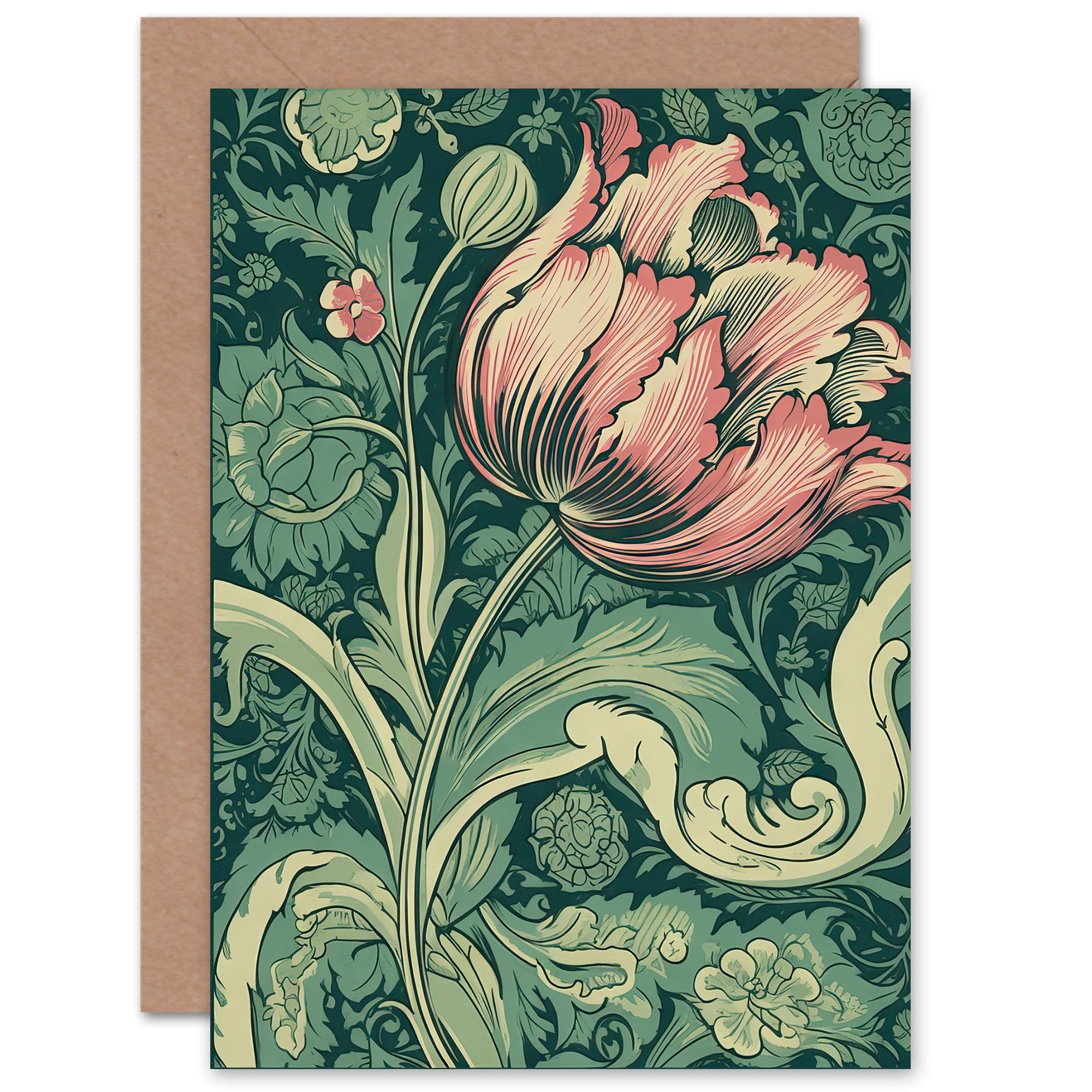 Tulip Flower Art Nouveau W Morris Style Spring Bloom Greeting Card