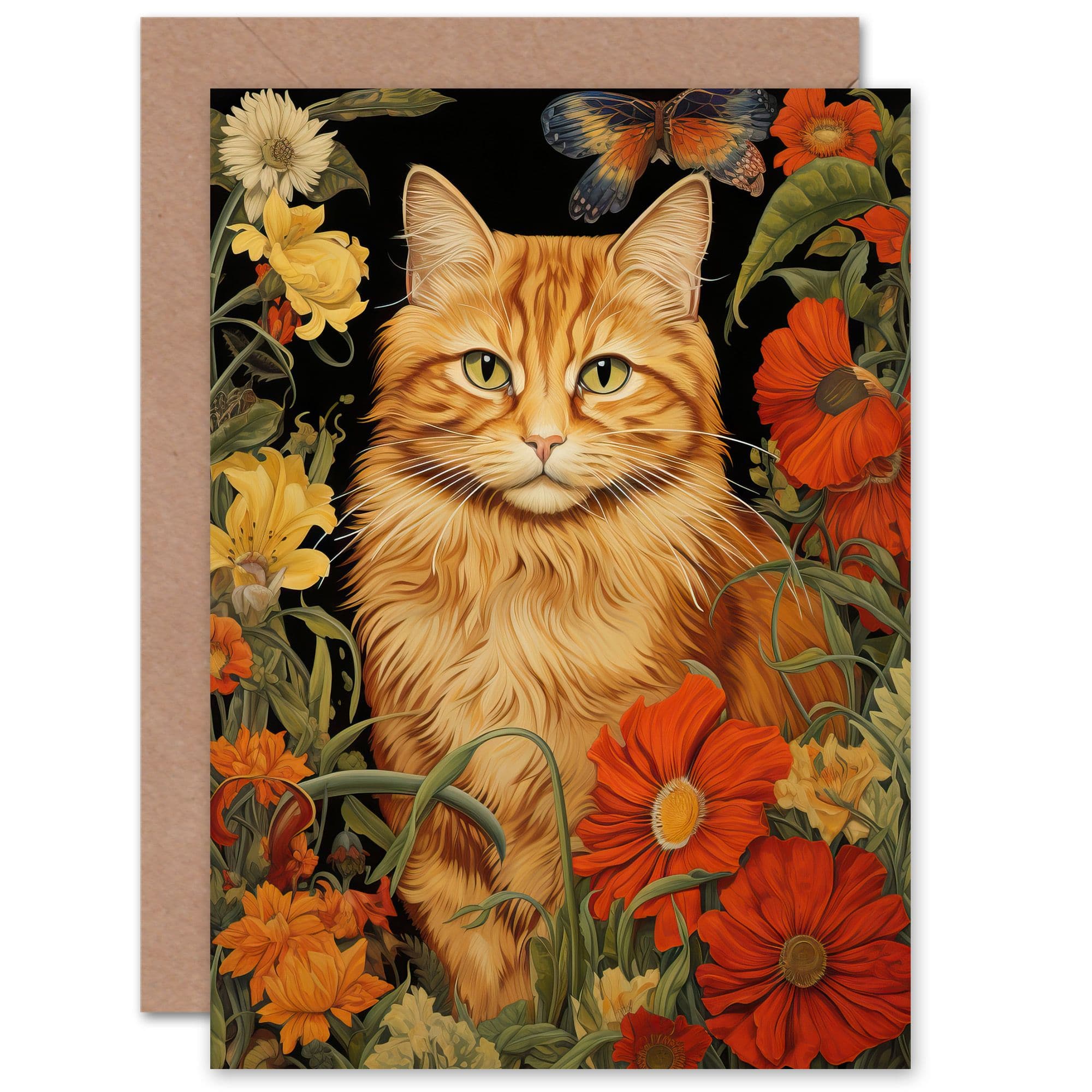 Ginger Tabby Cat Lover Floral Spring Flower Blooms for Her Greeting Card