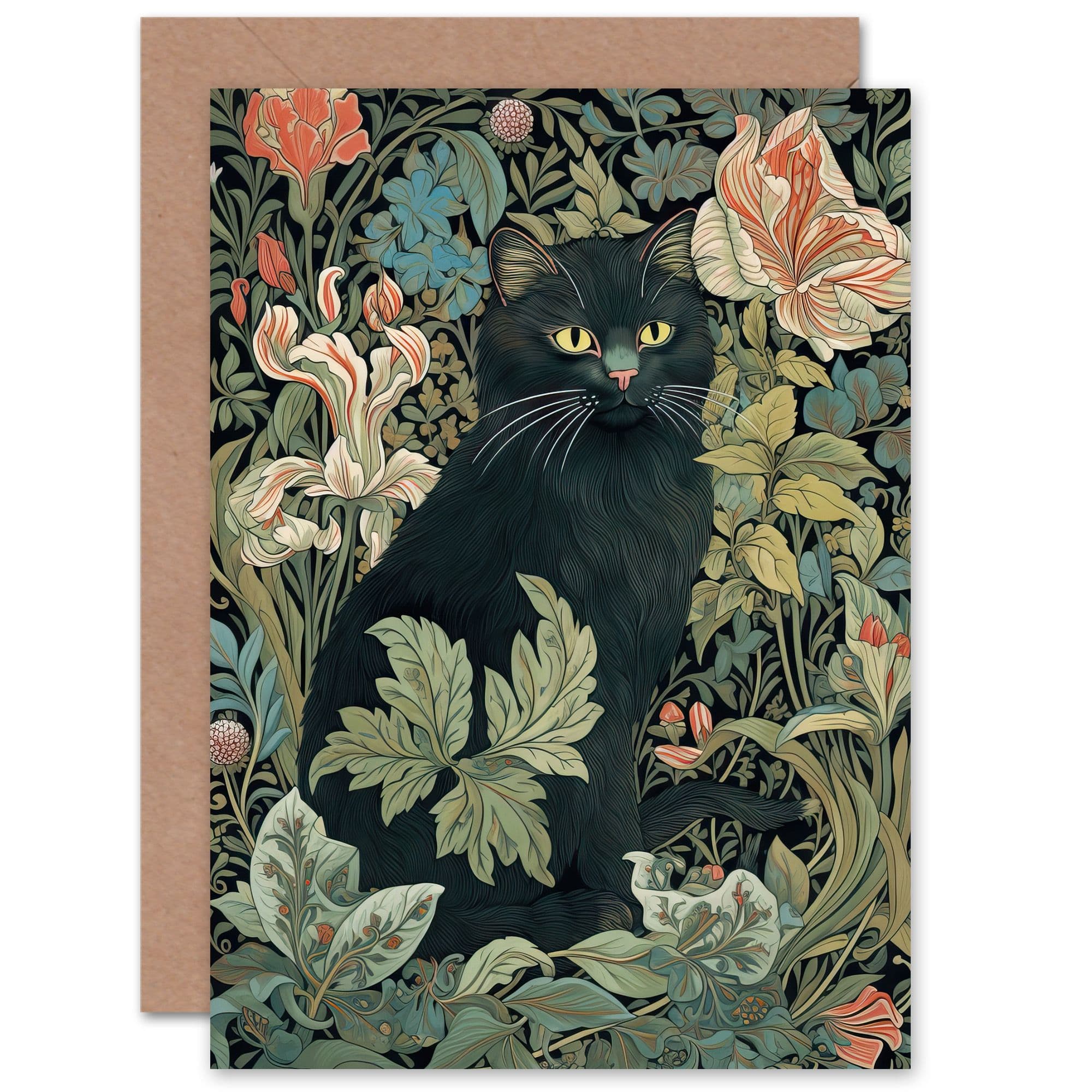 Cat Flowers Art Nouveau William Morris Style Her Greeting Card
