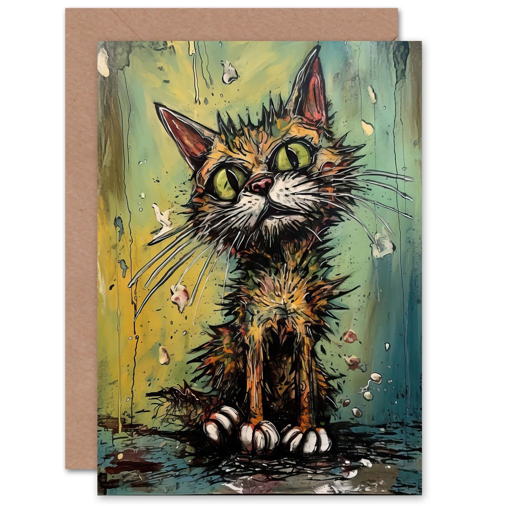 Alley Cat Stray Scruffy Moggie Oil Painting Him or Her Greeting Card