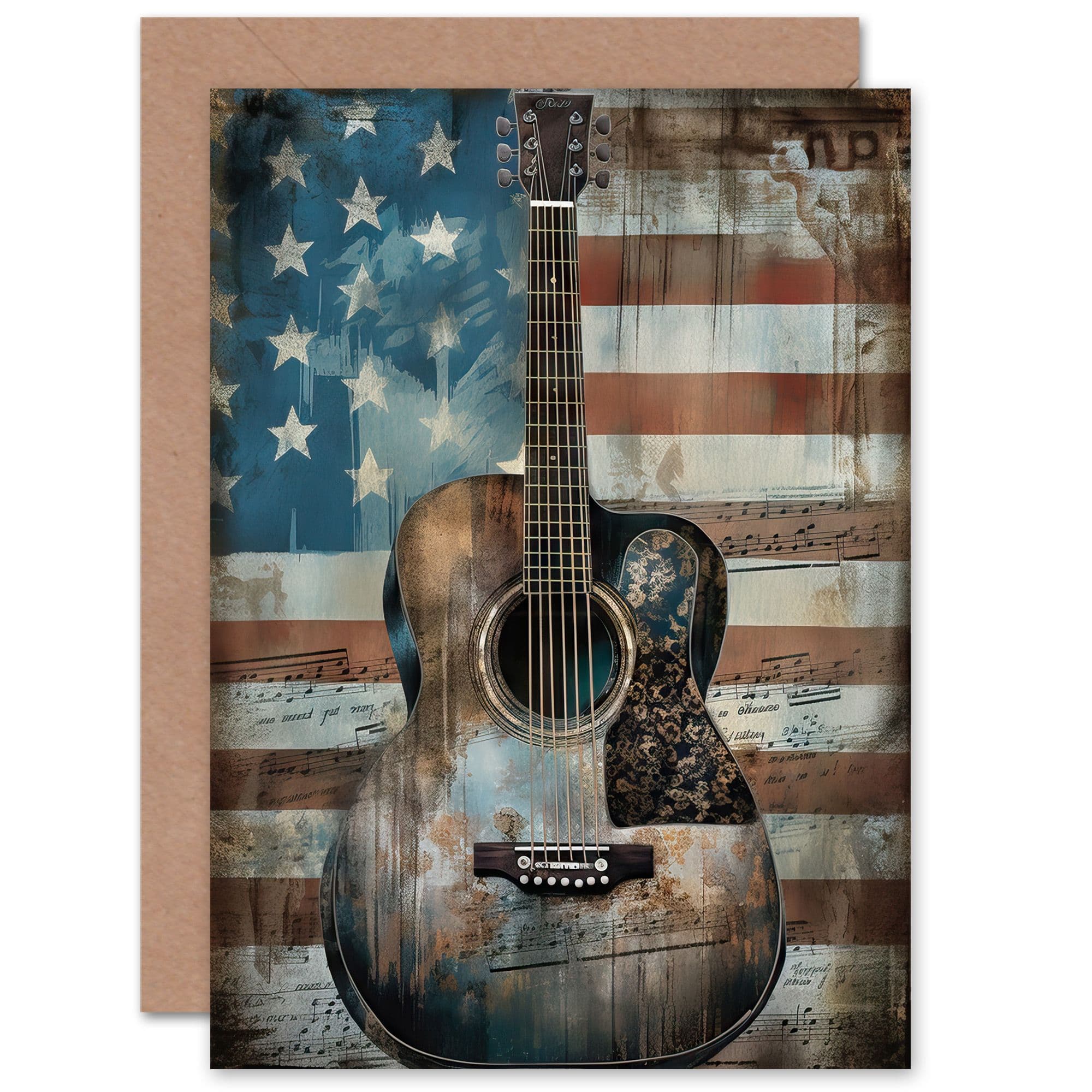 American Flag Acoustic Guitar USA Him or Her Birthday Greeting Card