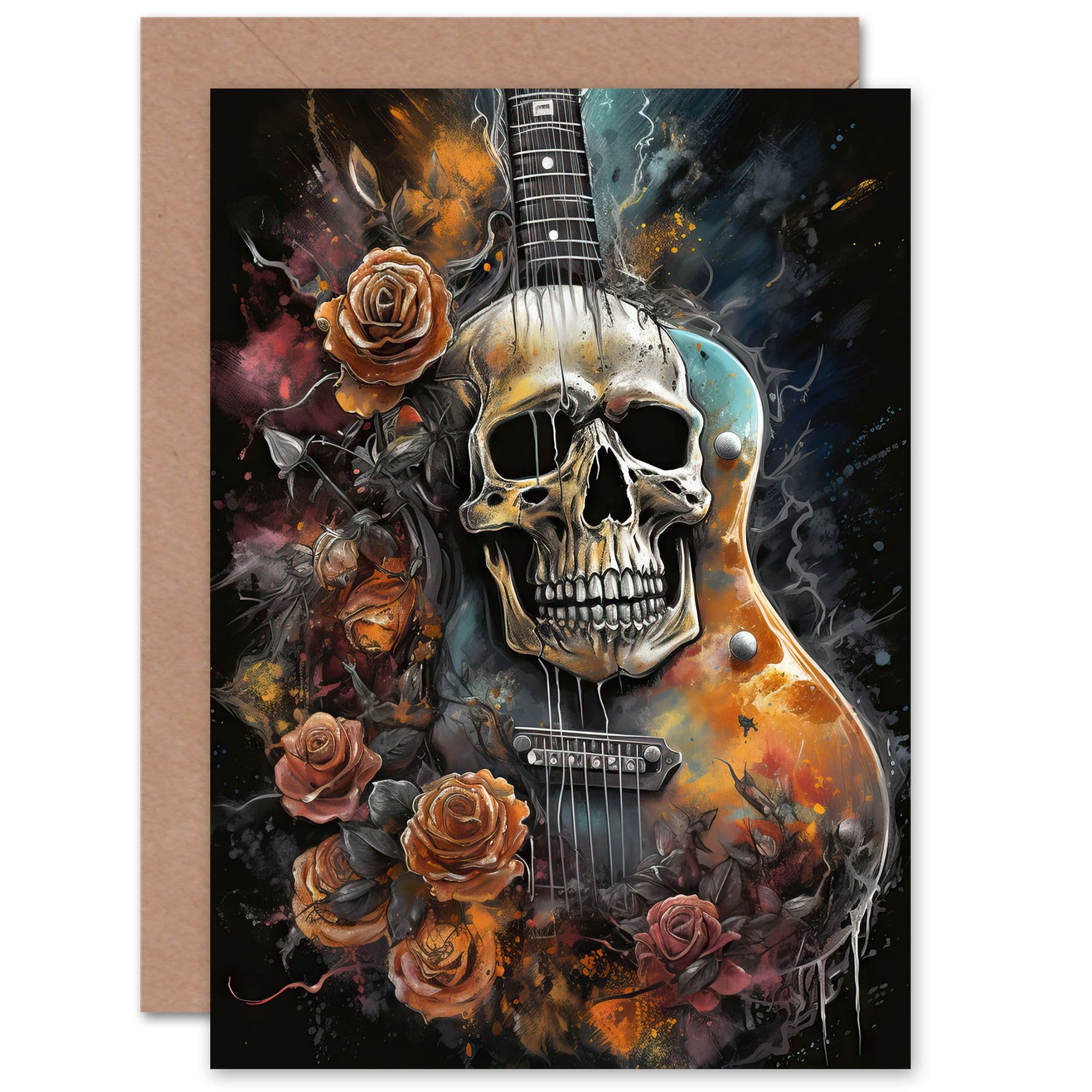 Guitar Roses Skull Thrash Metal Gothic Birthday Greeting Card