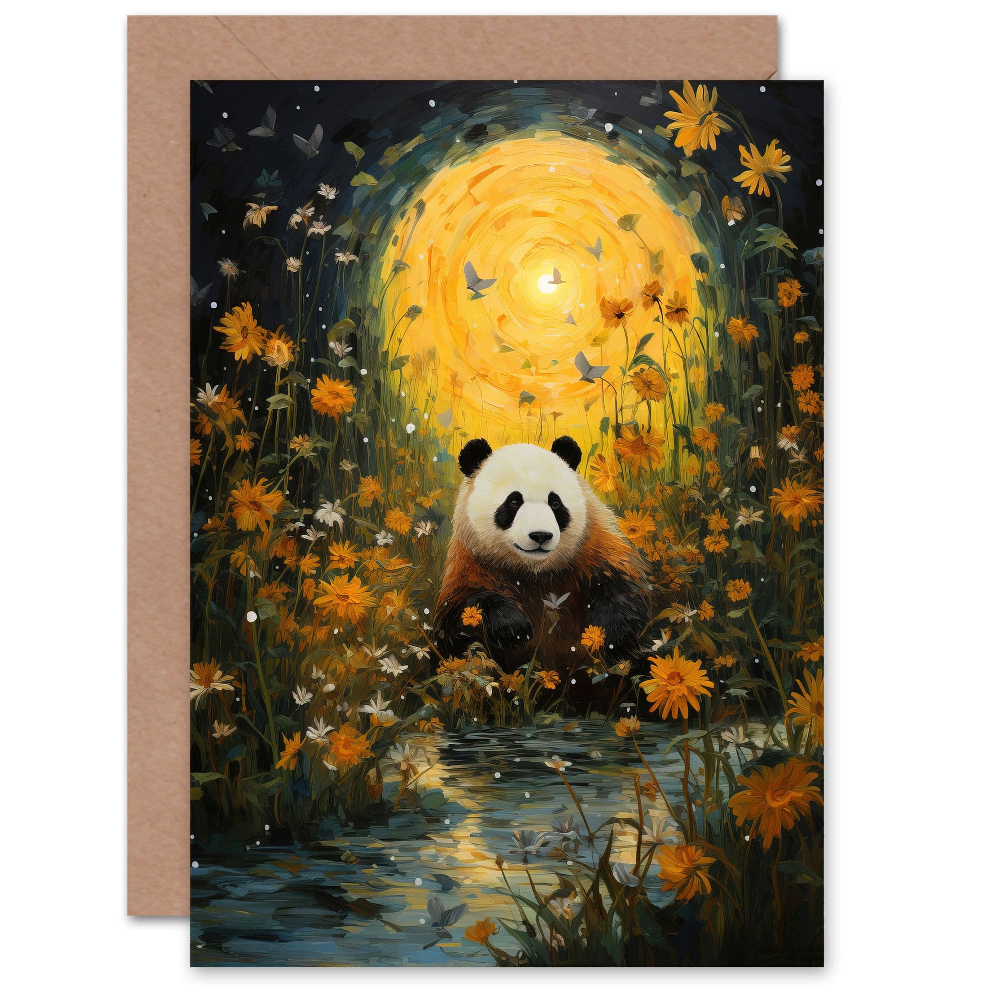 Harvest Moon Panda Bear Wildflower Meadow Greeting Card