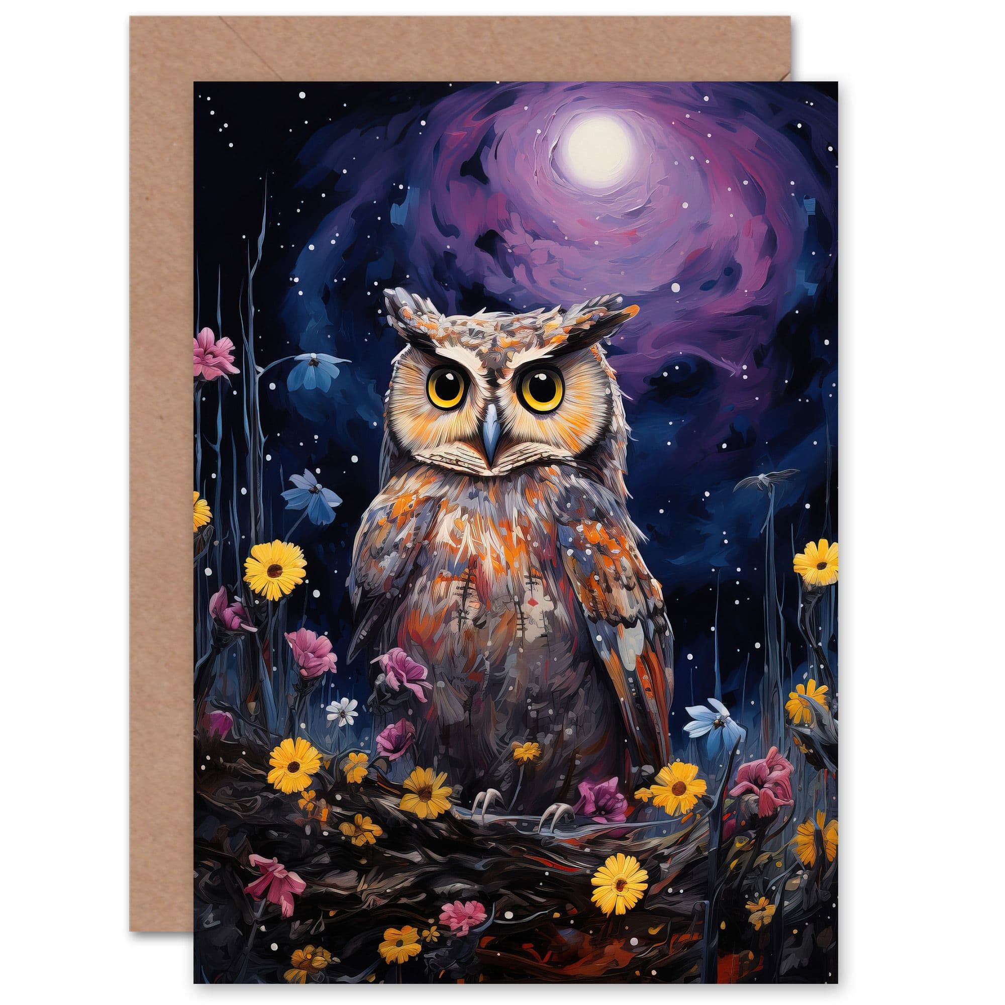 Great Horned Owl Lavender Full Moon Birthday Thank You Greeting Card