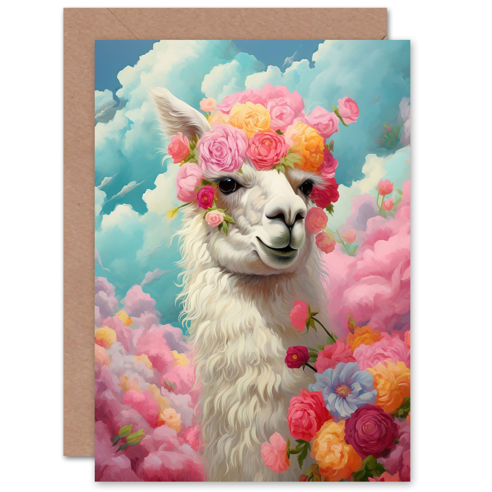 Carefree Llama With Rose Flower Headdress Kids Birthday Greeting Card