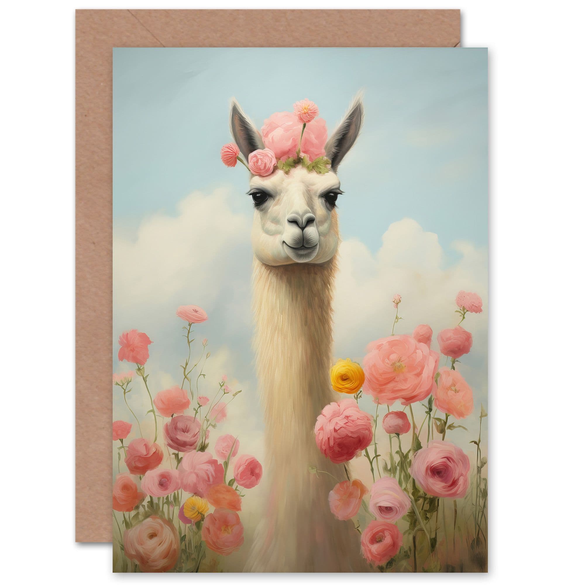 Llama and Peonies Pink Floral Elegant Birthday Thank You Greeting Card